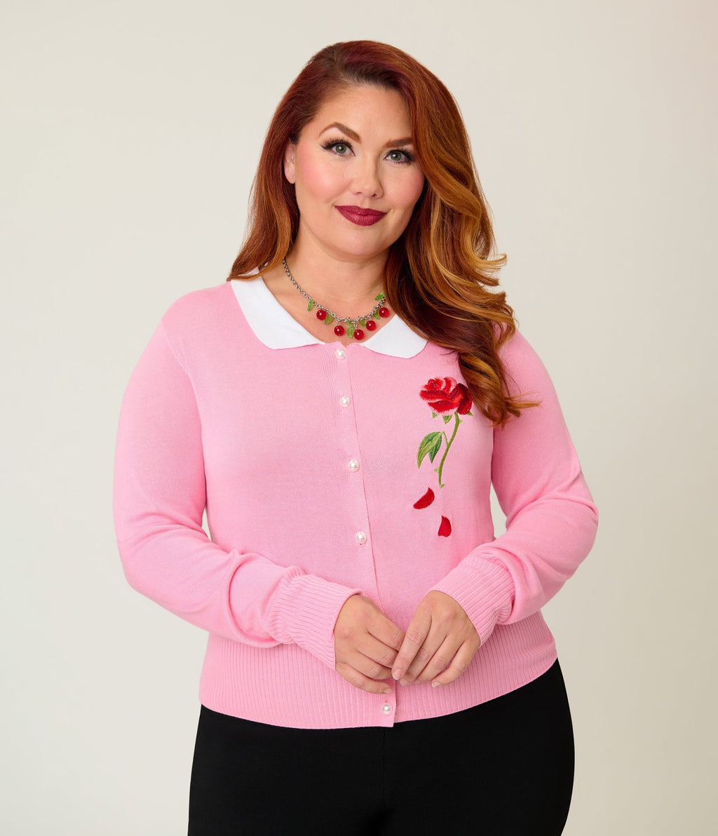 Disney Beauty & The Beast Collection by Unique Vintage Plus Size Pink Rose Embroidered Collar Long Sleeve Cardigan - Unique Vintage - Womens, TOPS, SWEATERS