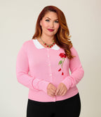 Disney Beauty & The Beast Collection by Unique Vintage Plus Size Pink Rose Embroidered Collar Long Sleeve Cardigan - Unique Vintage - Womens, TOPS, SWEATERS