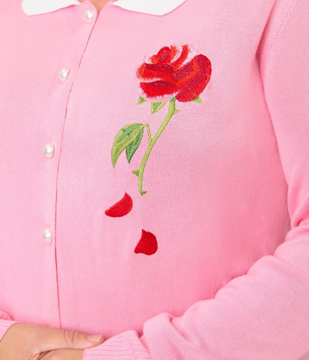 Disney Beauty & The Beast Collection by Unique Vintage Plus Size Pink Rose Embroidered Collar Long Sleeve Cardigan - Unique Vintage - Womens, TOPS, SWEATERS