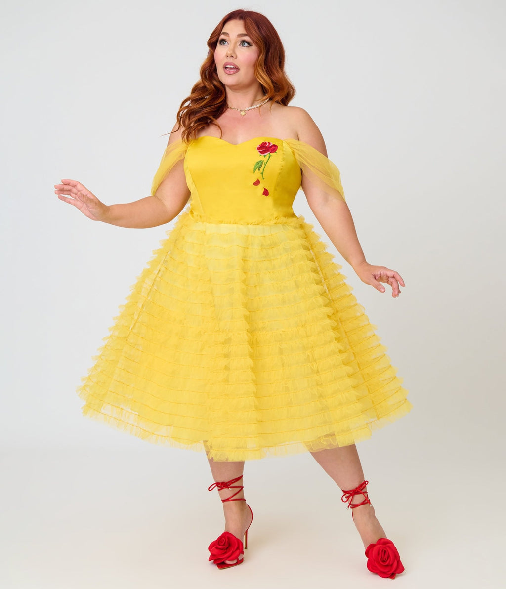 Disney Beauty & the Beast Collection by Unique Vintage Plus Size Yellow Mesh Tulle Belle Swing Dress - Unique Vintage - Womens, DRESSES, PROM AND SPECIAL OCCASION