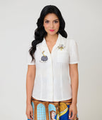 Disney Beauty & the Beast Collection by Unique Vintage White Lumiere & Cogsworth Embroidered Cotton Blouse - Unique Vintage - Womens, TOPS, WOVEN TOPS