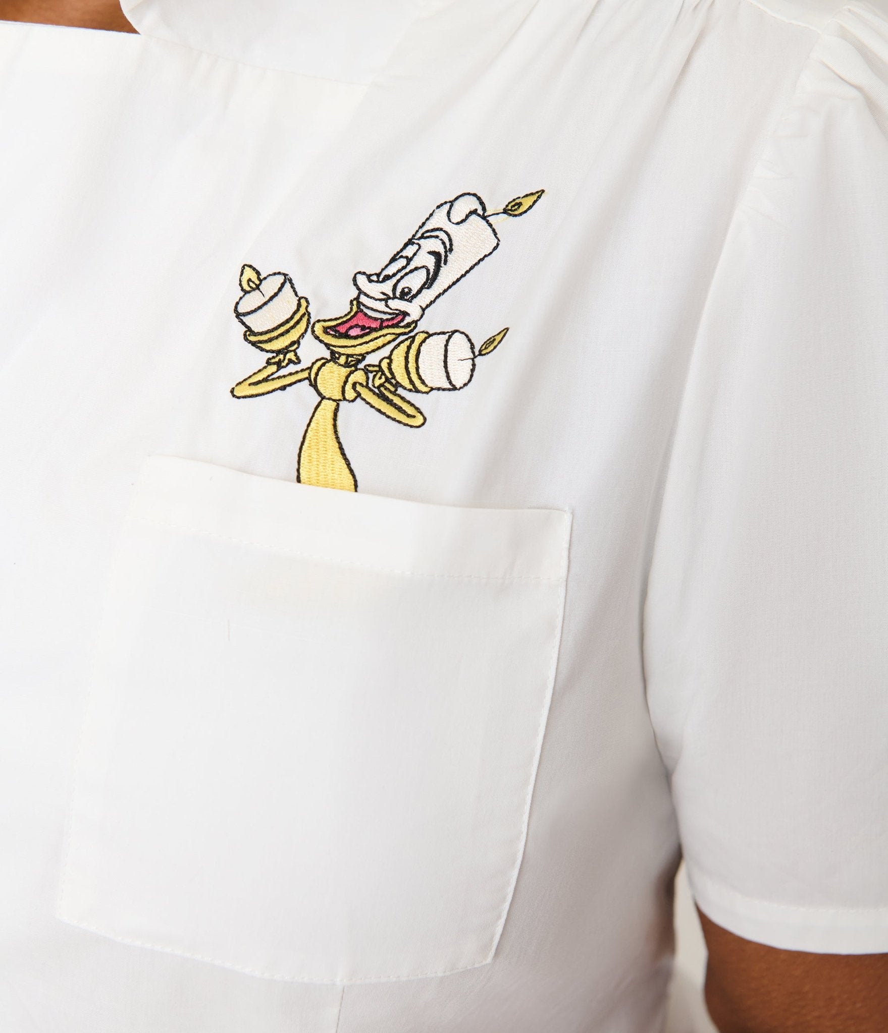 Disney Beauty & the Beast x Unique Vintage Plus Size White Lumiere & Cogsworth Embroidered Cotton Blouse - Unique Vintage - Womens, TOPS, WOVEN TOPS
