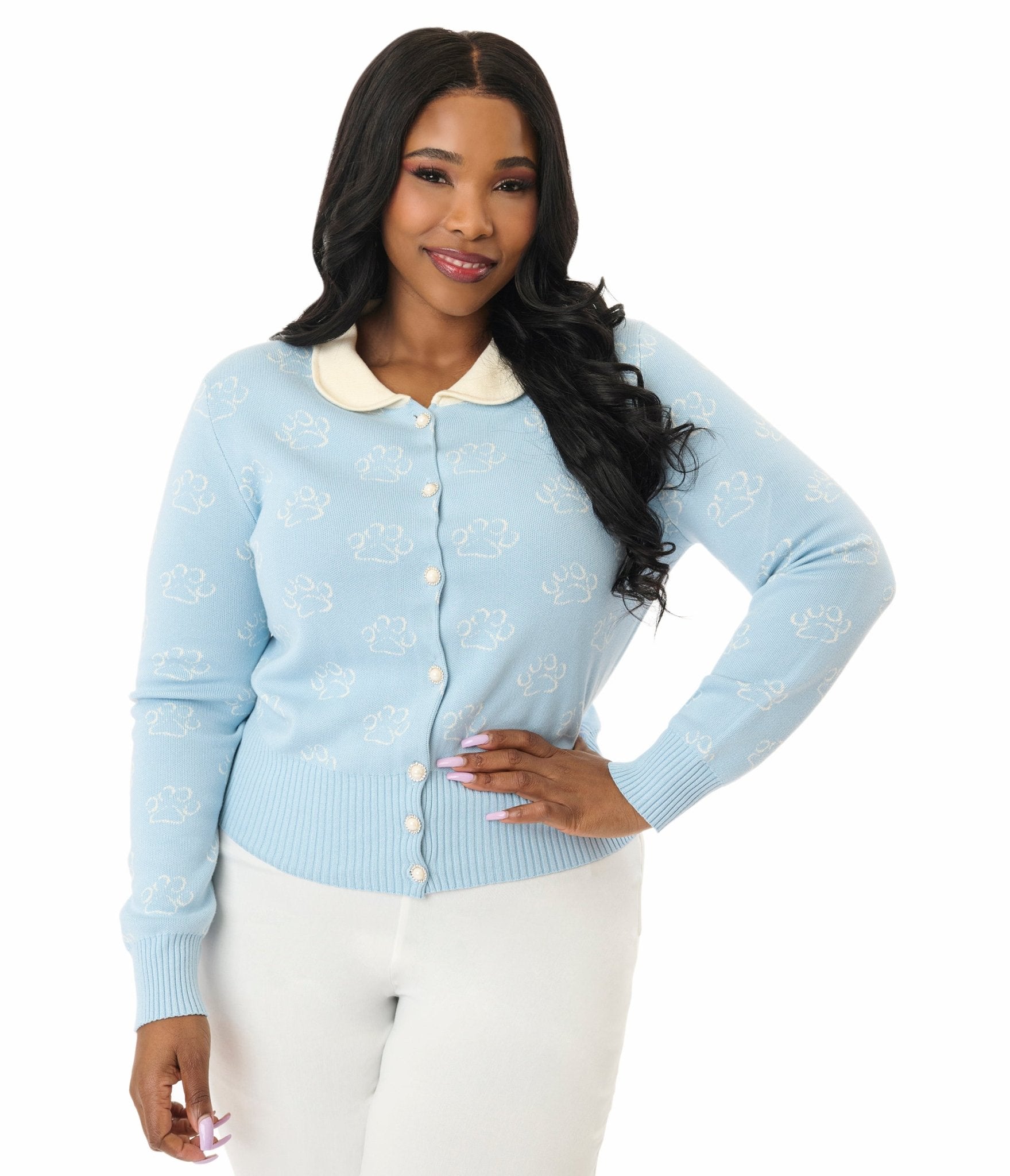 Disney Cats & Dogs Collection by Unique Vintage Plus Size Blue & Cream Paw Print Cardigan - Unique Vintage - Womens, SWEATERS