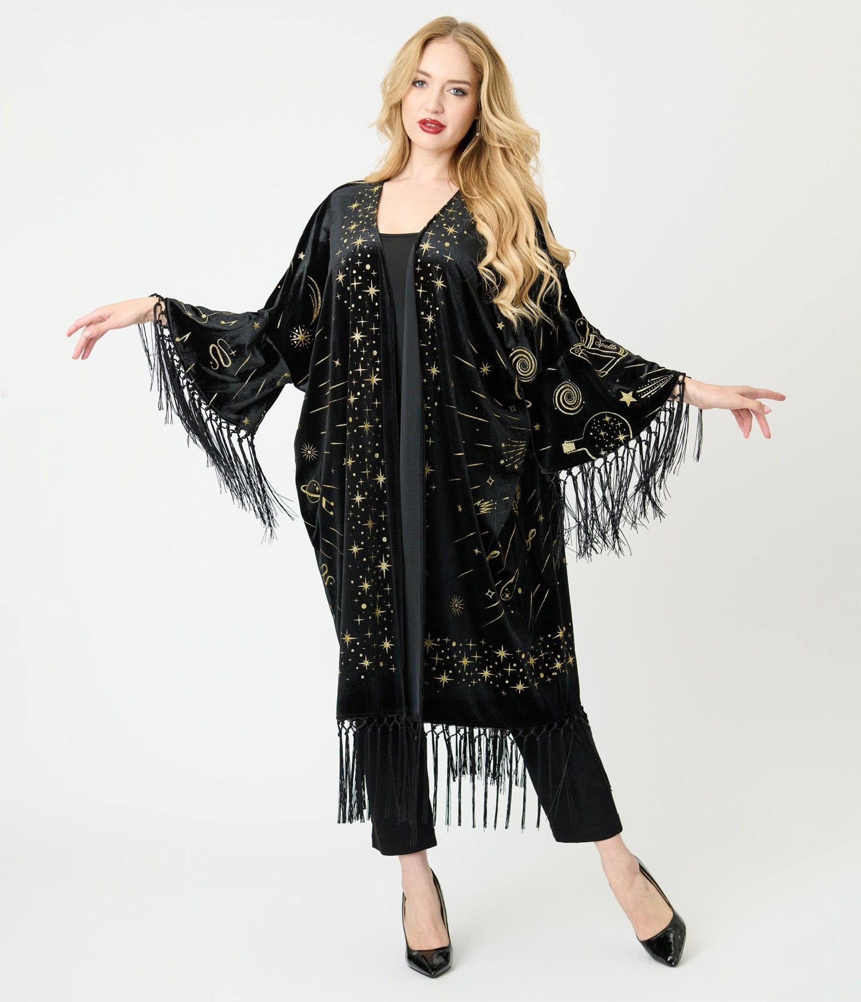 Disney Fantasia Collection by Unique Vintage Sorcerers Apprentice Black Velvet Fringe Kimono - Unique Vintage - Womens, FLAPPER, COATS