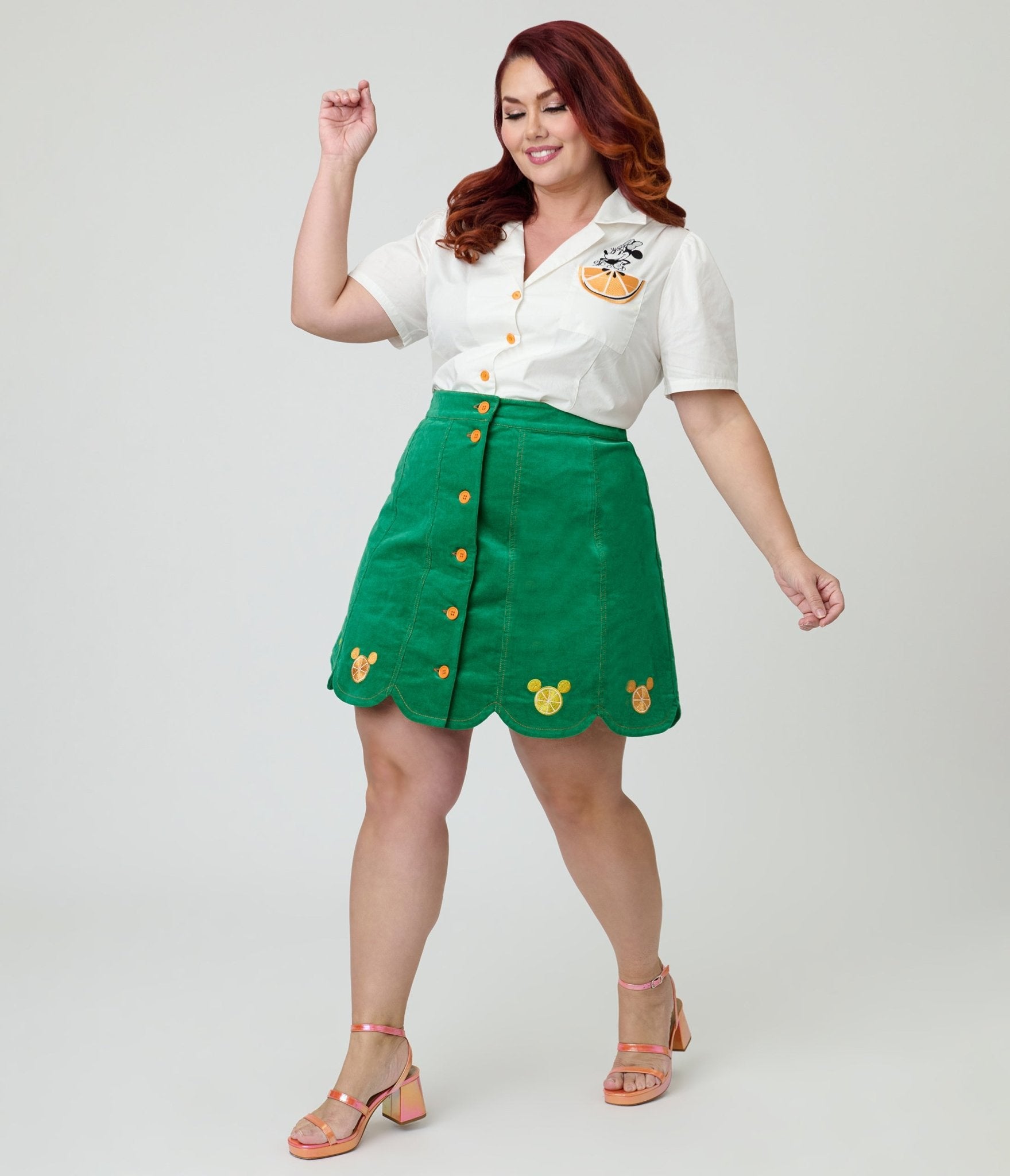 Disney Food Collection by Smak Parlour Plus Size Green Mickey Citrus Corduroy Mini Skirt - Unique Vintage - Womens, BOTTOMS, SKIRTS