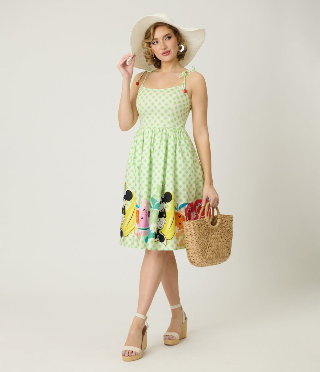Disney Food Collection by Unique Vintage Green Gingham Mickey Fruit Salad Swing Dress - Unique Vintage - Womens, DRESSES, SWING