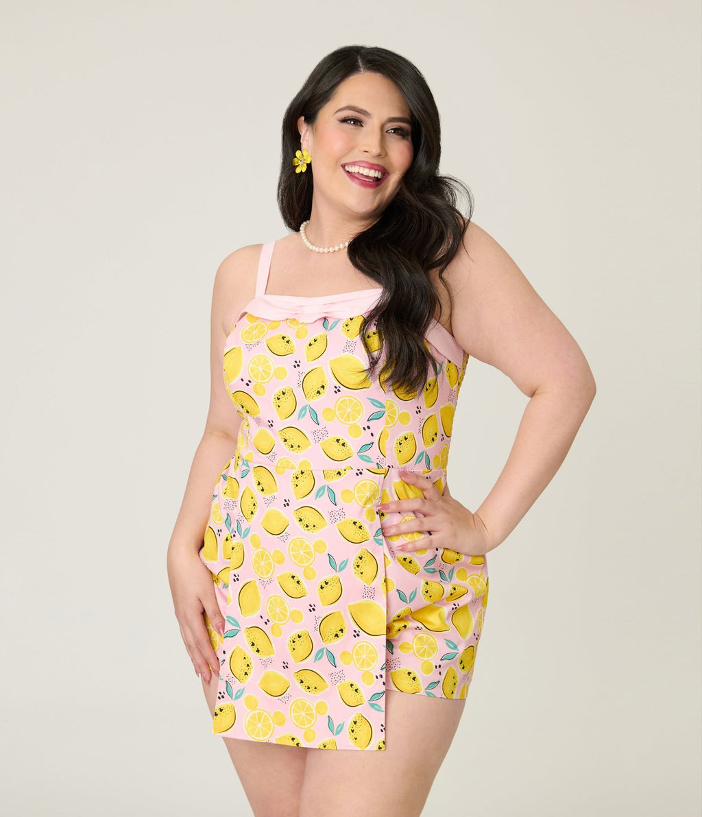 Disney Food Collection by Unique Vintage Plus Size Pink Lemonade Skirted Dolly Romper - Unique Vintage - Womens, BOTTOMS, ROMPERS AND JUMPSUITS