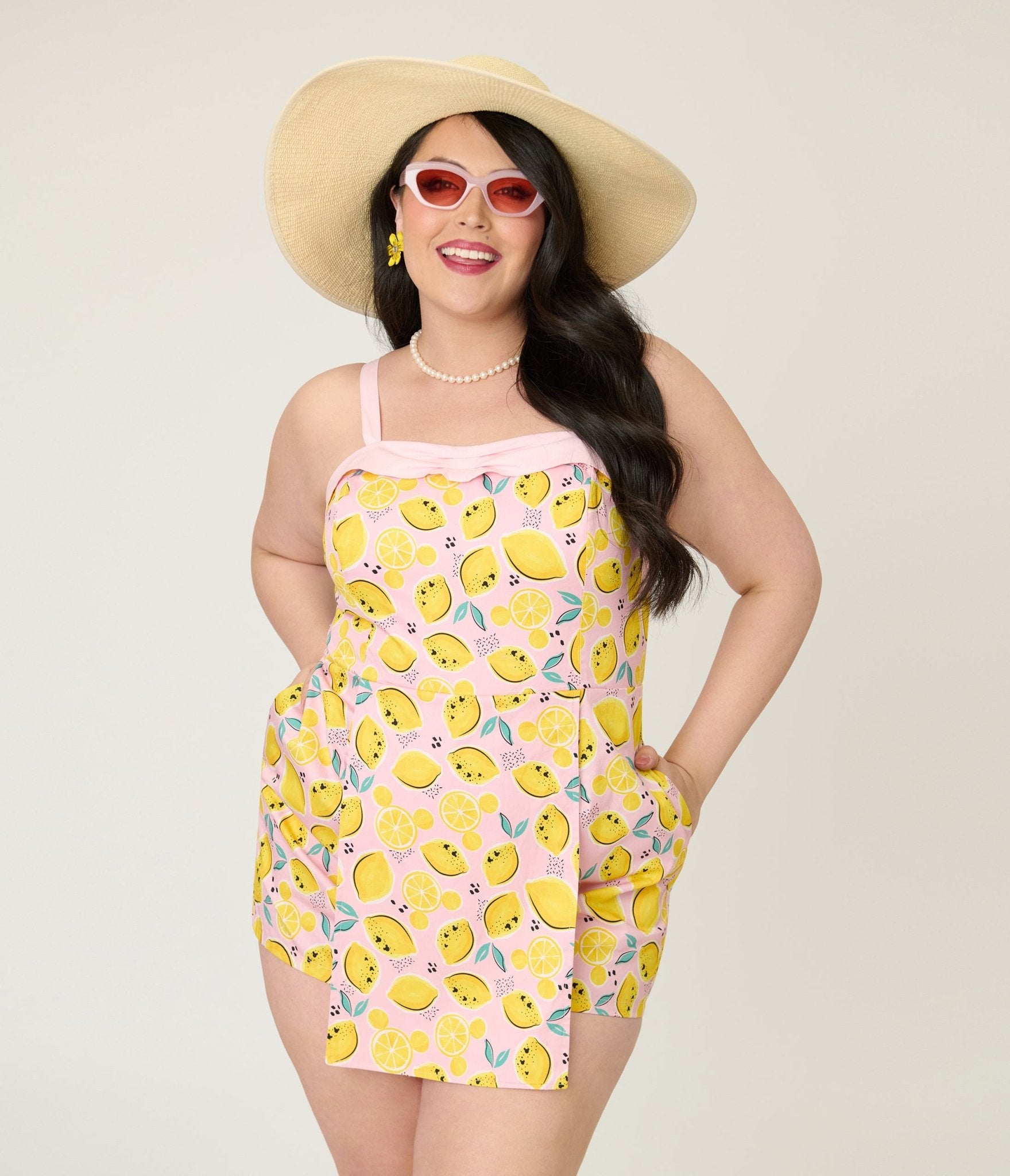 Disney Food Collection by Unique Vintage Plus Size Pink Lemonade Skirted Dolly Romper - Unique Vintage - Womens, BOTTOMS, ROMPERS AND JUMPSUITS