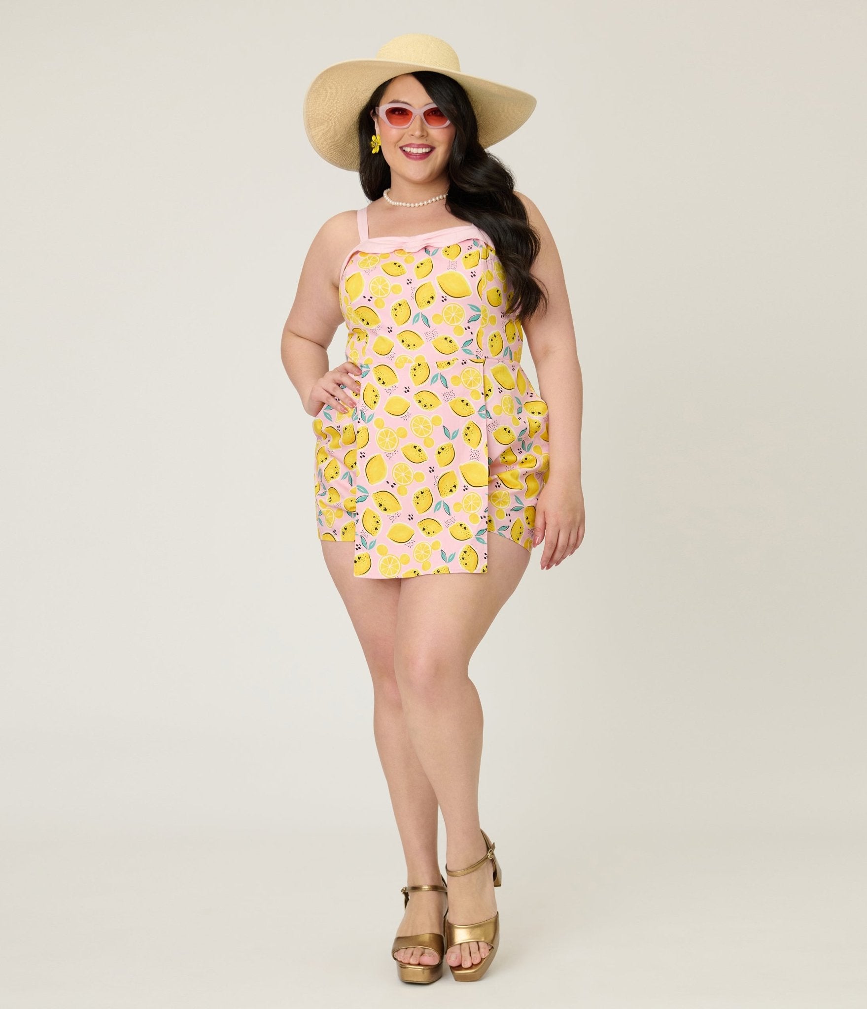 Disney Food Collection by Unique Vintage Plus Size Pink Lemonade Skirted Dolly Romper - Unique Vintage - Womens, BOTTOMS, ROMPERS AND JUMPSUITS