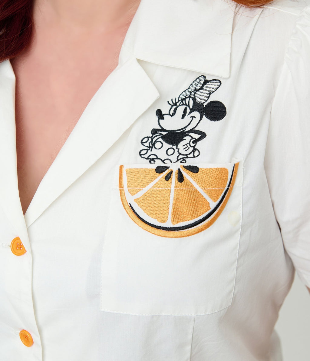 Disney Food Collection by Unique Vintage Plus Size White & Orange Pocket Minnie Embroidered Cotton Blouse - Unique Vintage - Womens, TOPS, WOVEN TOPS