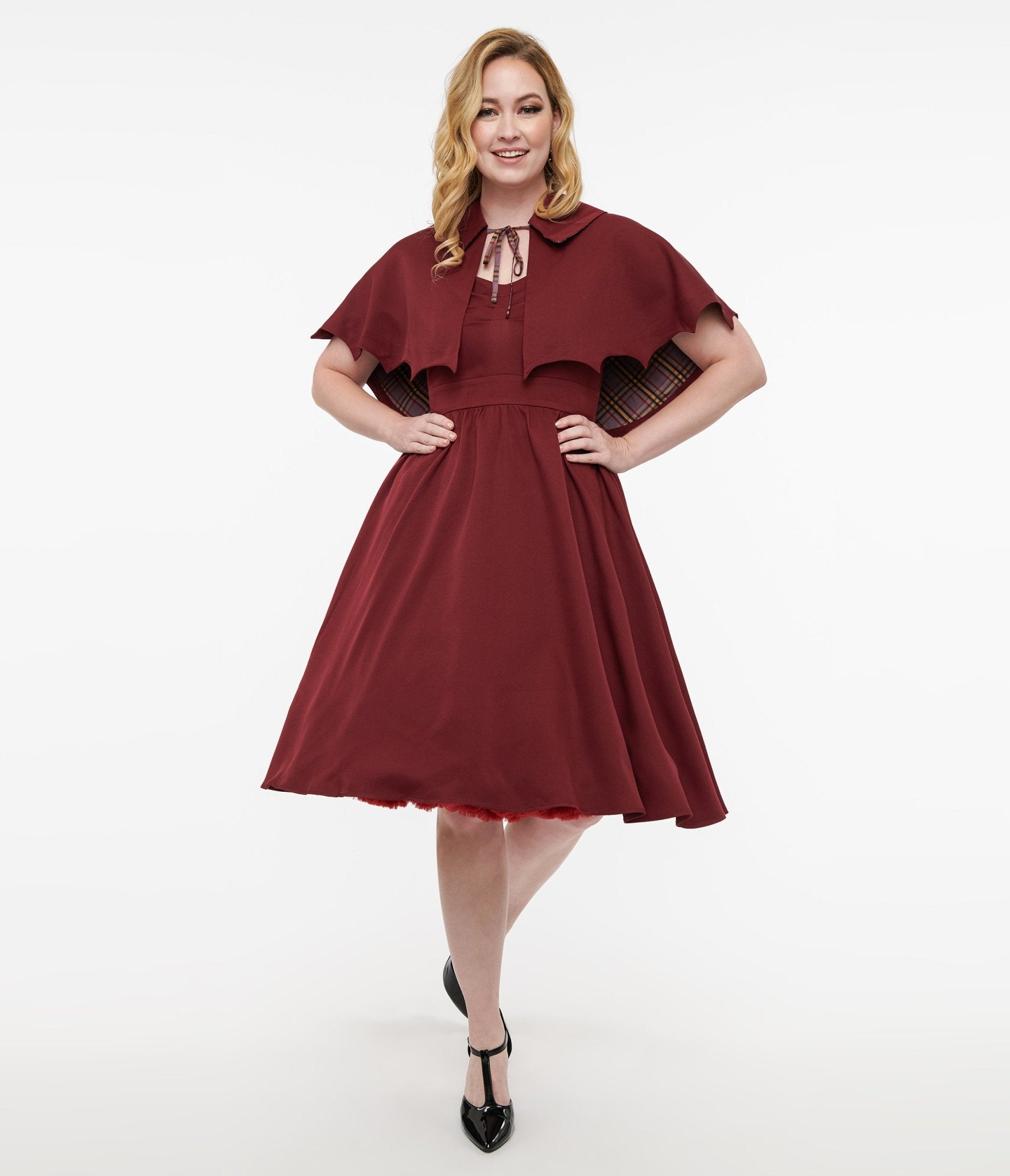 Disney Hocus Pocus Collection by Unique Vintage Burgundy & Grey Plaid Capelet Swing Dress - Unique Vintage - DRESSES, SWING