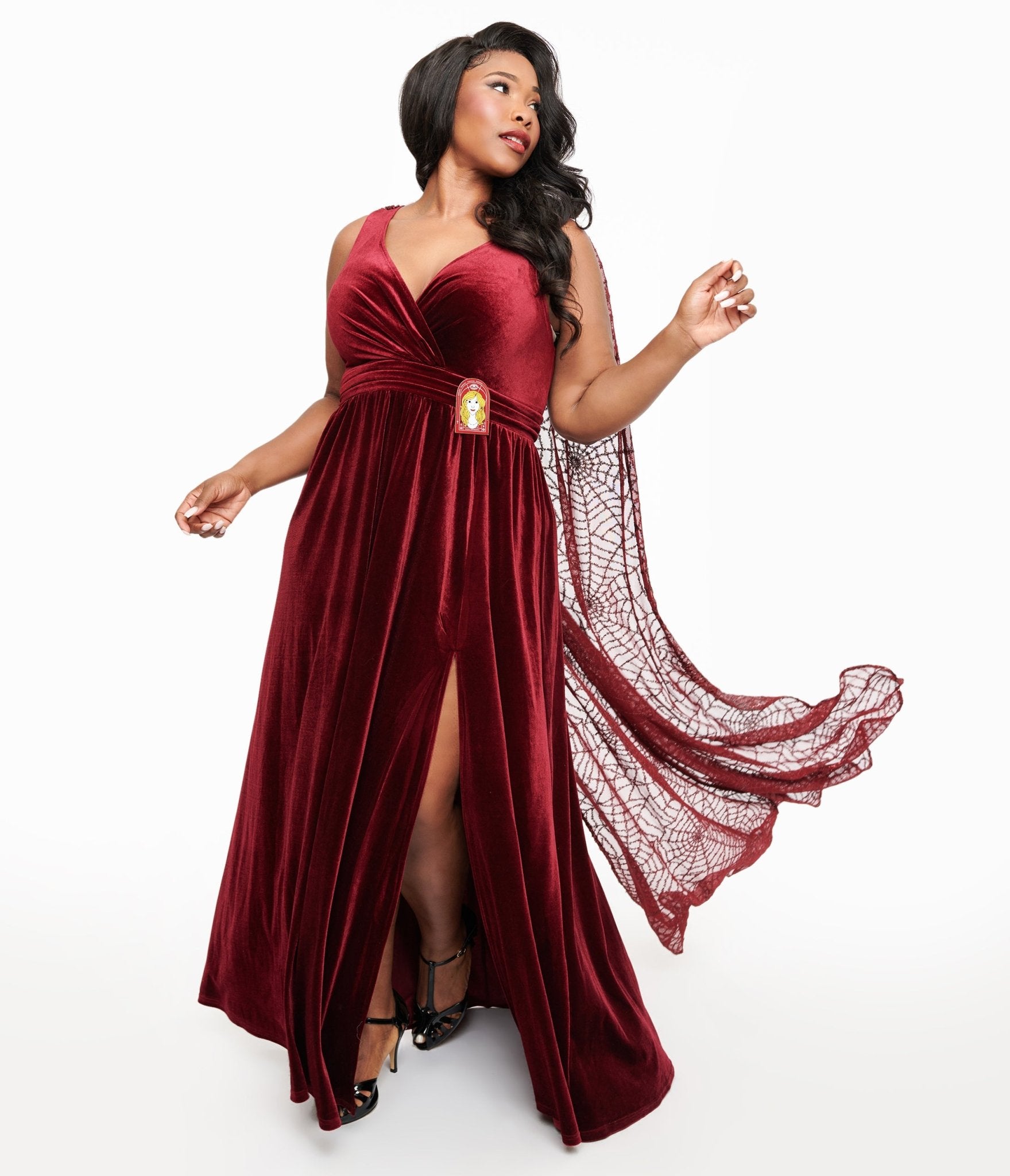 Disney Hocus Pocus Collection by Unique Vintage Plus Size Burgundy Velvet & Spiderweb Sequin Cape Gown - DRESSES