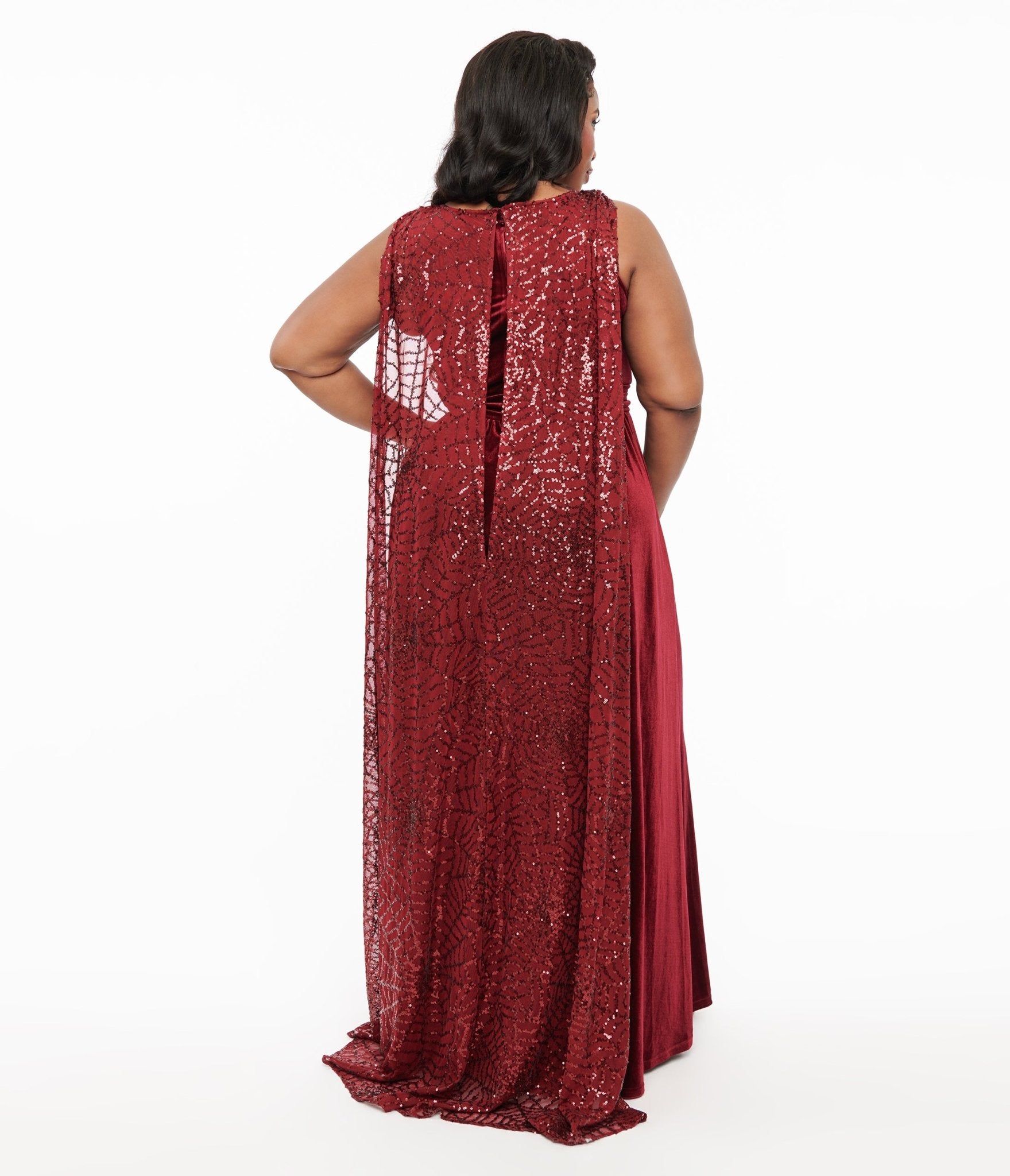 Disney Hocus Pocus Collection by Unique Vintage Plus Size Burgundy Velvet & Spiderweb Sequin Cape Gown - DRESSES