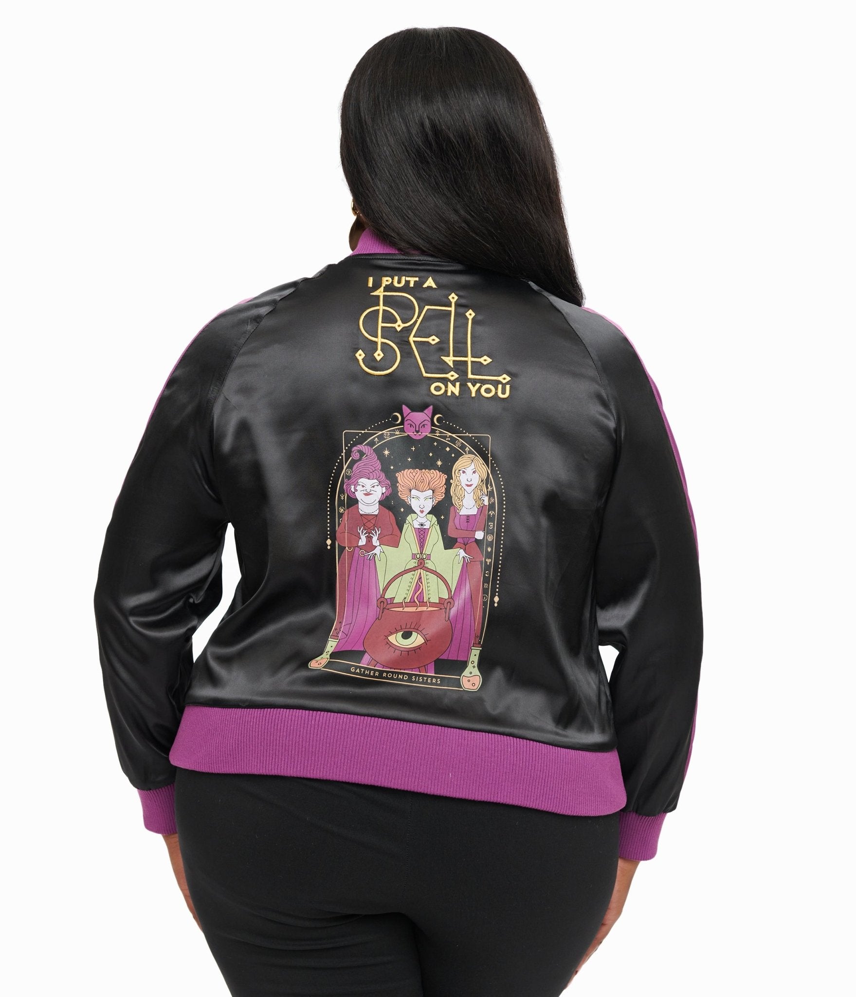 Disney Hocus Pocus Collection by Unique Vintage Plus Size Purple & Black Spell Bomber Jacket - Unique Vintage -  OUTERWEAR
