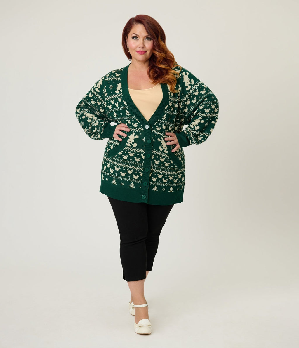 Disney Holiday Collection by Unique Vintage Plus Size Green Winter Mickey Fair Isle Cardigan - Unique Vintage - Womens, TOPS, SWEATERS