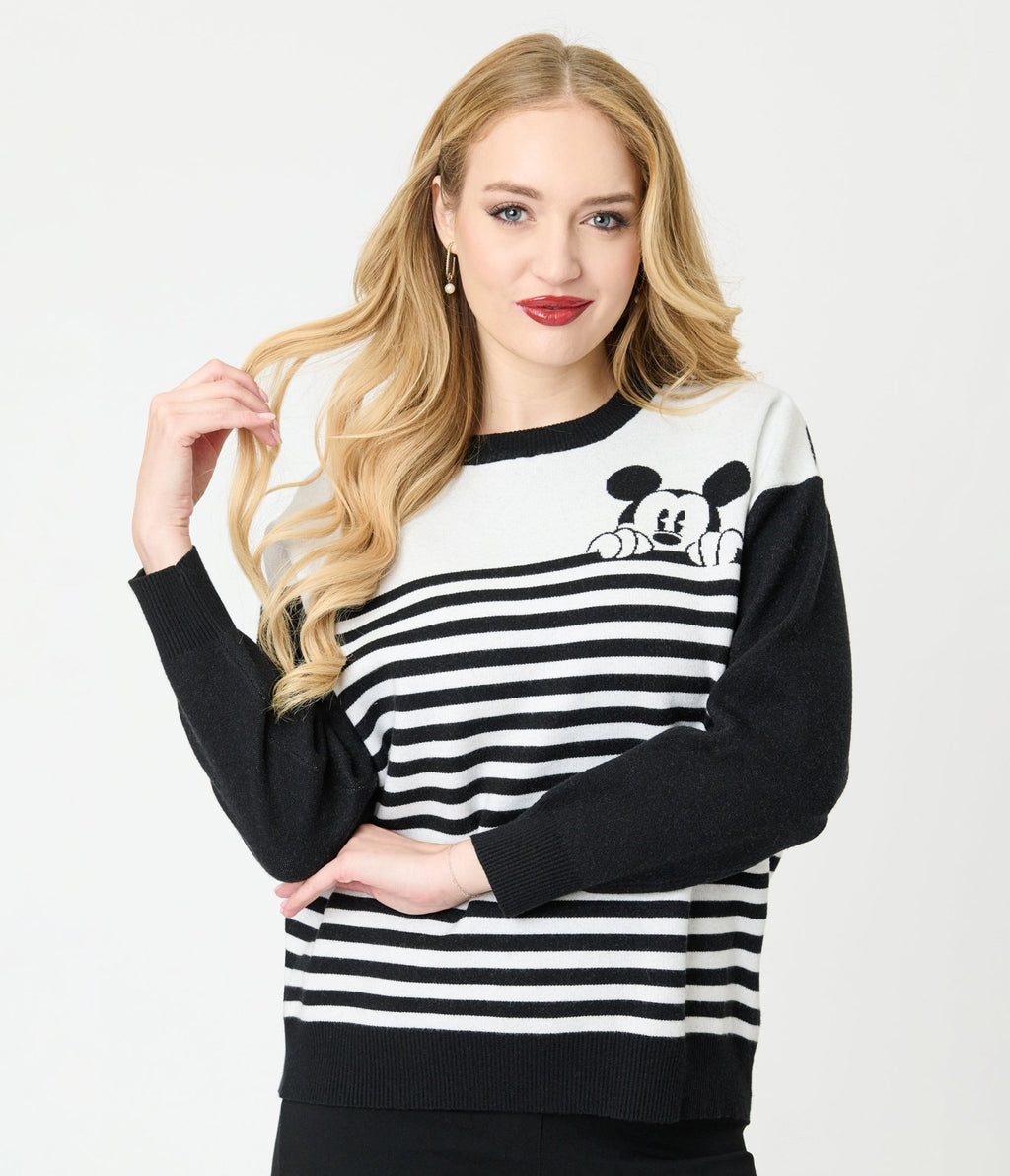 Disney Mickey & Friends Collection by Unique Vintage Black & White Stripe Mickey Sweater - Unique Vintage - Womens, TOPS, SWEATERS