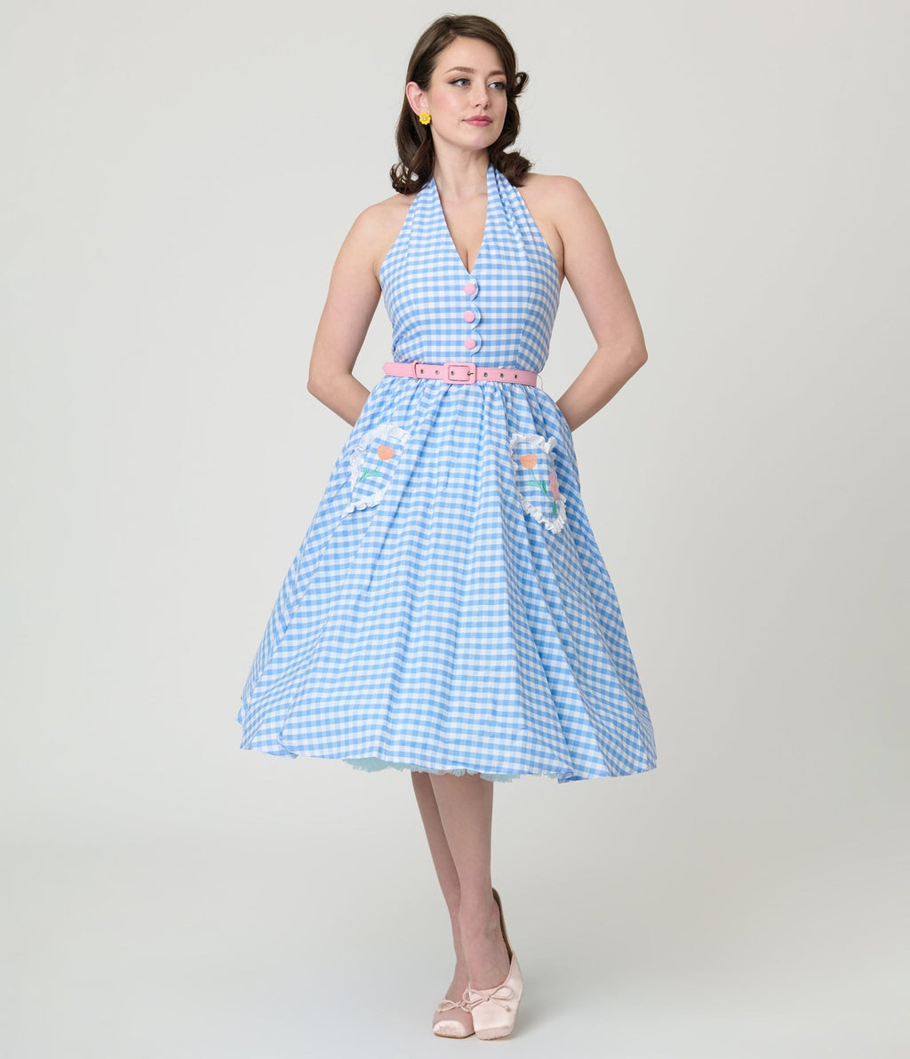 Disney Mickey & Friends Collection by Unique Vintage Blue Gingham Cotton Halter Swing Dress - Unique Vintage - Womens, DRESSES, SWING