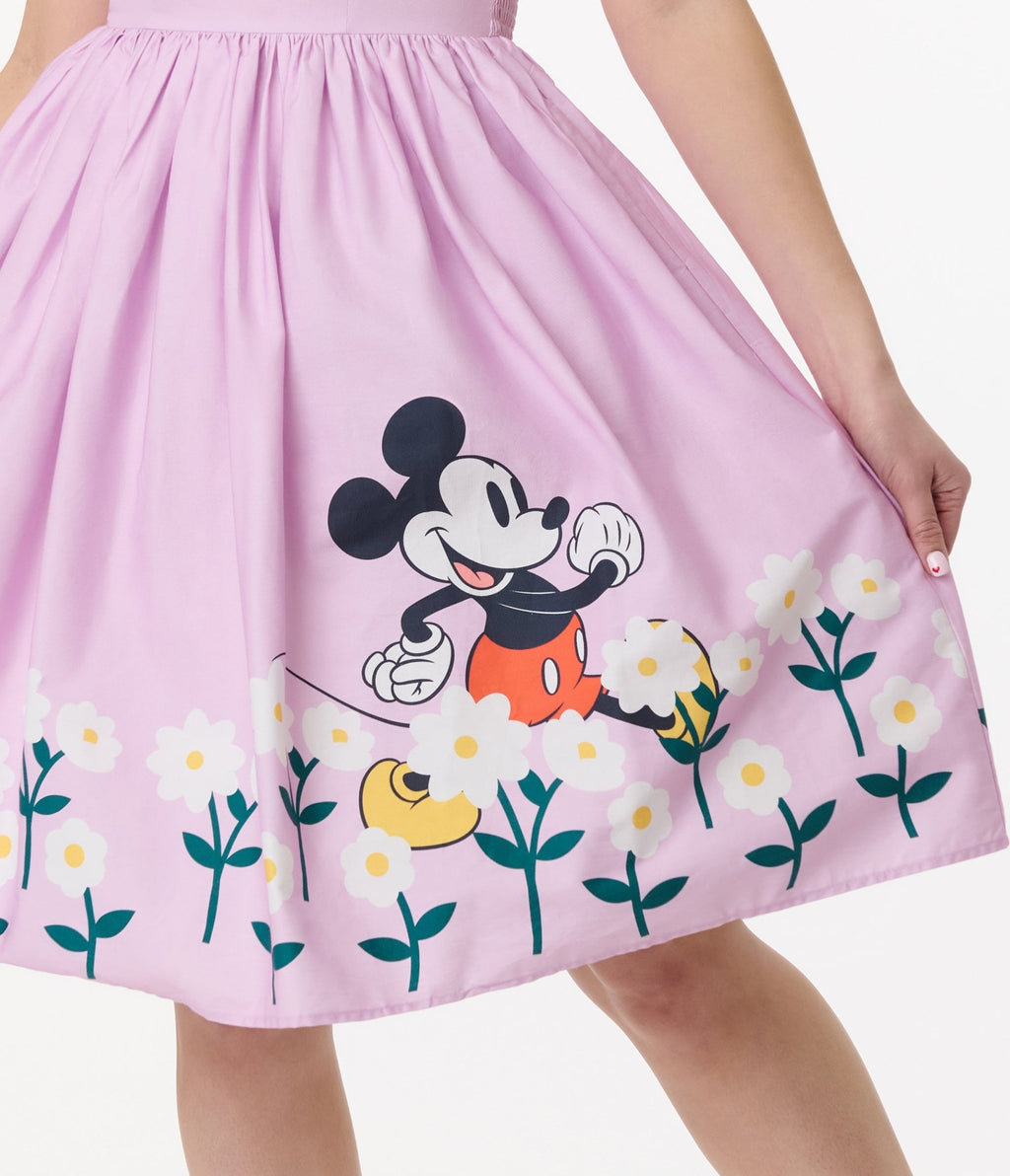 Disney Mickey & Friends Collection by Unique Vintage Lavender & Floral Mickey Border Cotton Swing Dress - Unique Vintage