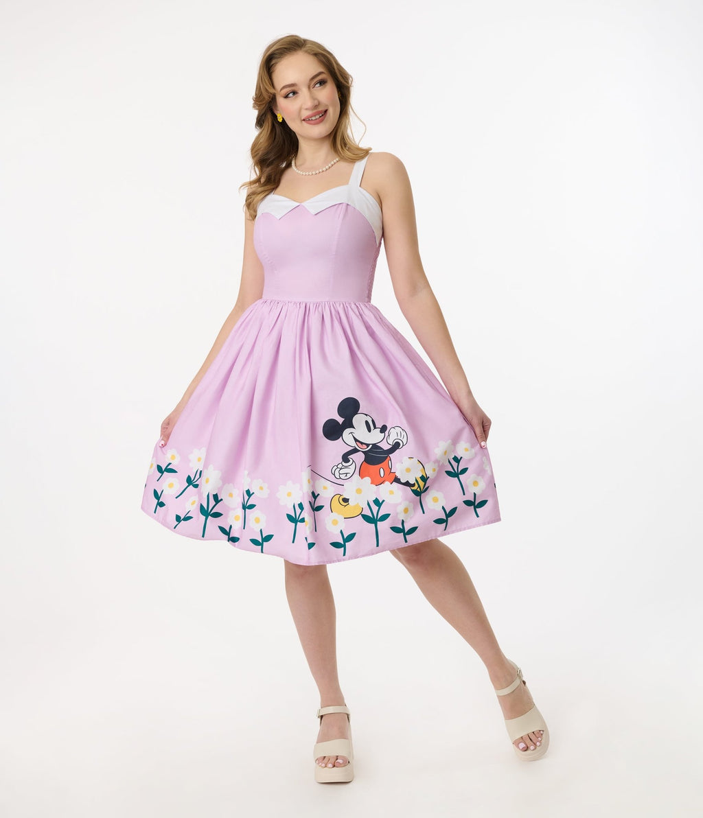 Disney Mickey & Friends Collection by Unique Vintage Lavender & Floral Mickey Border Cotton Swing Dress - Unique Vintage