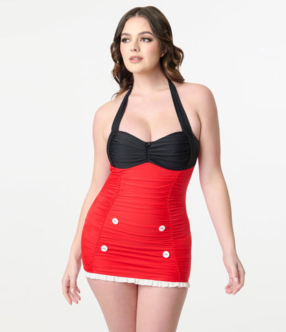 Disney Mickey & Friends Collection by Unique Vintage Mickey Black & Red Halter Swim Dress - Unique Vintage - Womens, SWIM