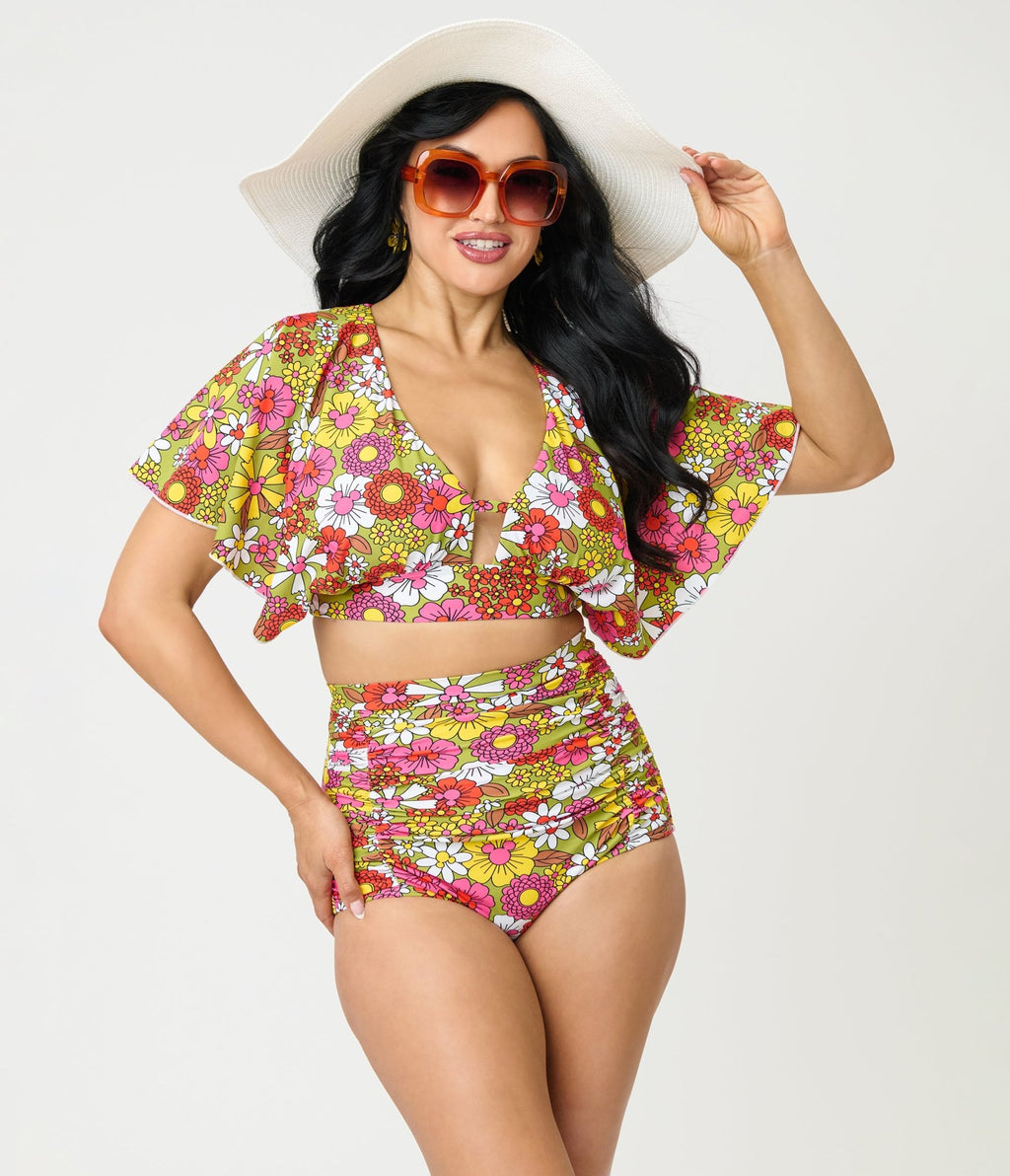 Disney Mickey & Friends Collection by Unique Vintage Mickey Floral Flutter Sleeve Swim Top - Unique Vintage - Womens, SWIM, TOP