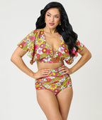 Disney Mickey & Friends Collection by Unique Vintage Mickey Floral Flutter Sleeve Swim Top - Unique Vintage - Womens, SWIM, TOP