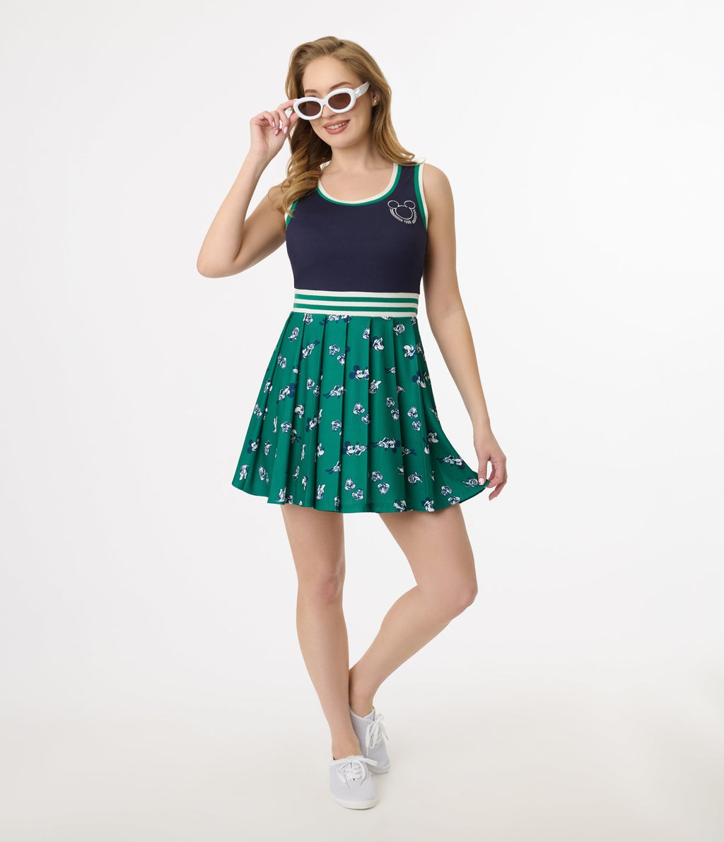 Disney Mickey & Friends Collection by Unique Vintage Navy & Green Mickey & Goofy Print Pleated Tennis Dress - Unique Vintage