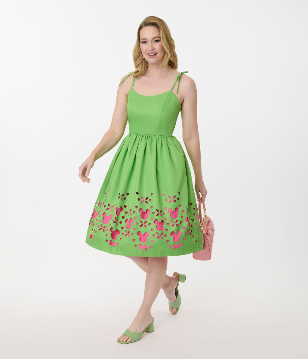 Disney Mickey & Friends Collection by Unique Vintage Neon Green & Neon Pink Mickey Cutout Swing Dress - Unique Vintage