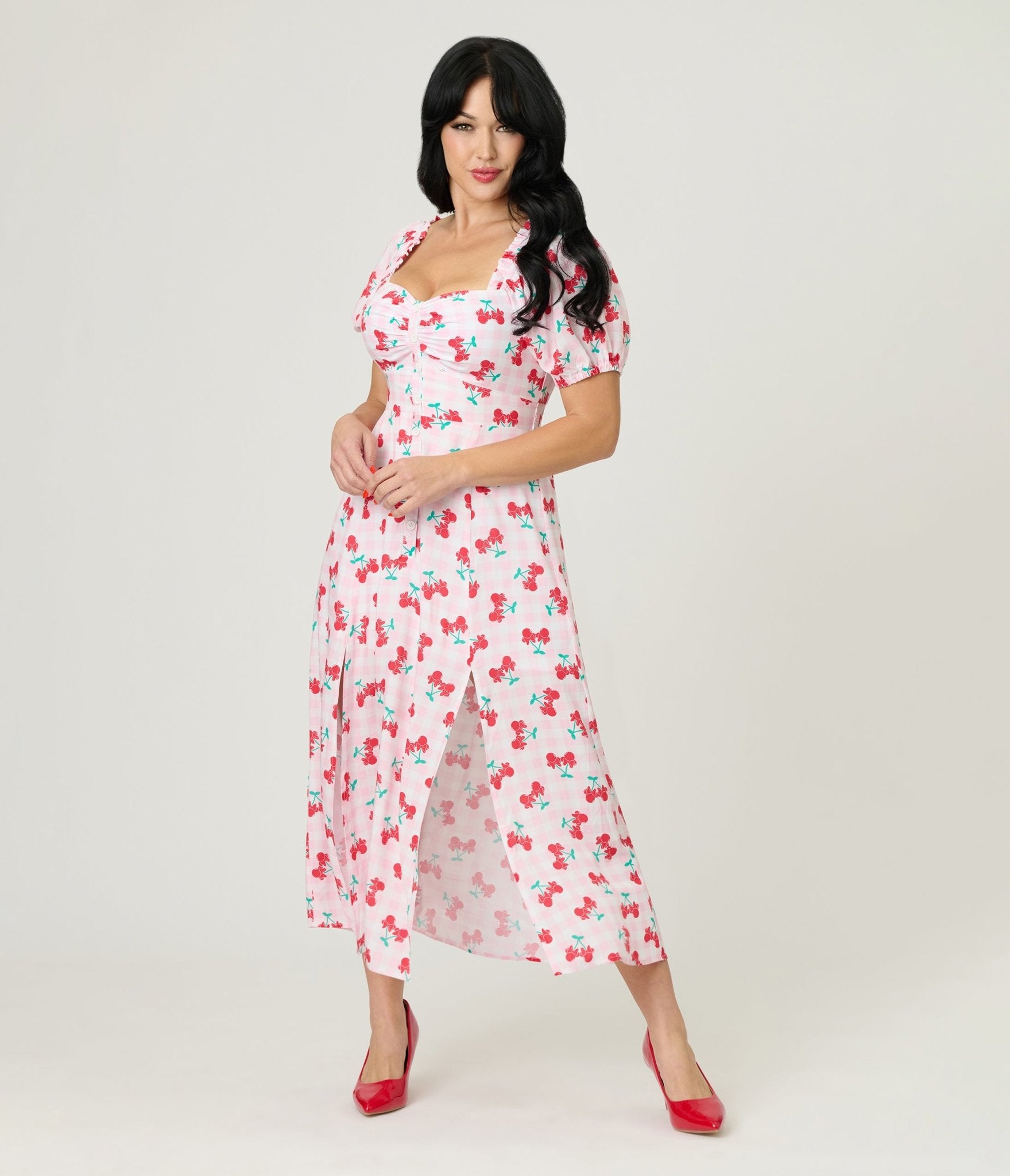 Disney Mickey & Friends Collection by Unique Vintage Pink & Minnie Cherries Midi Dress - Unique Vintage - Womens, DRESSES, MIDI
