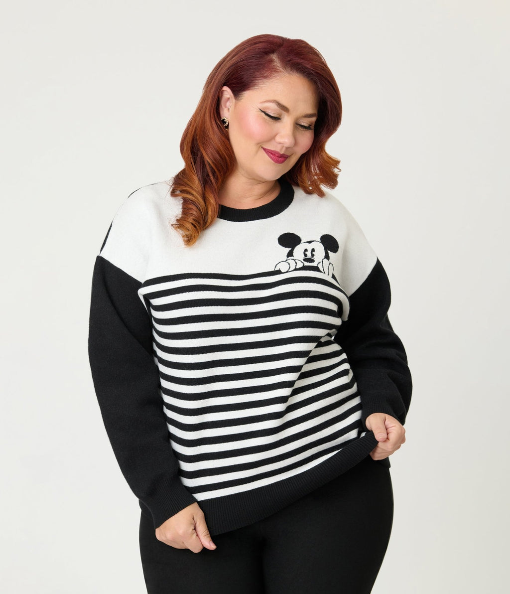 Disney Mickey & Friends Collection by Unique Vintage Plus Size Black & White Stripe Mickey Sweater - Unique Vintage - Womens, TOPS, SWEATERS