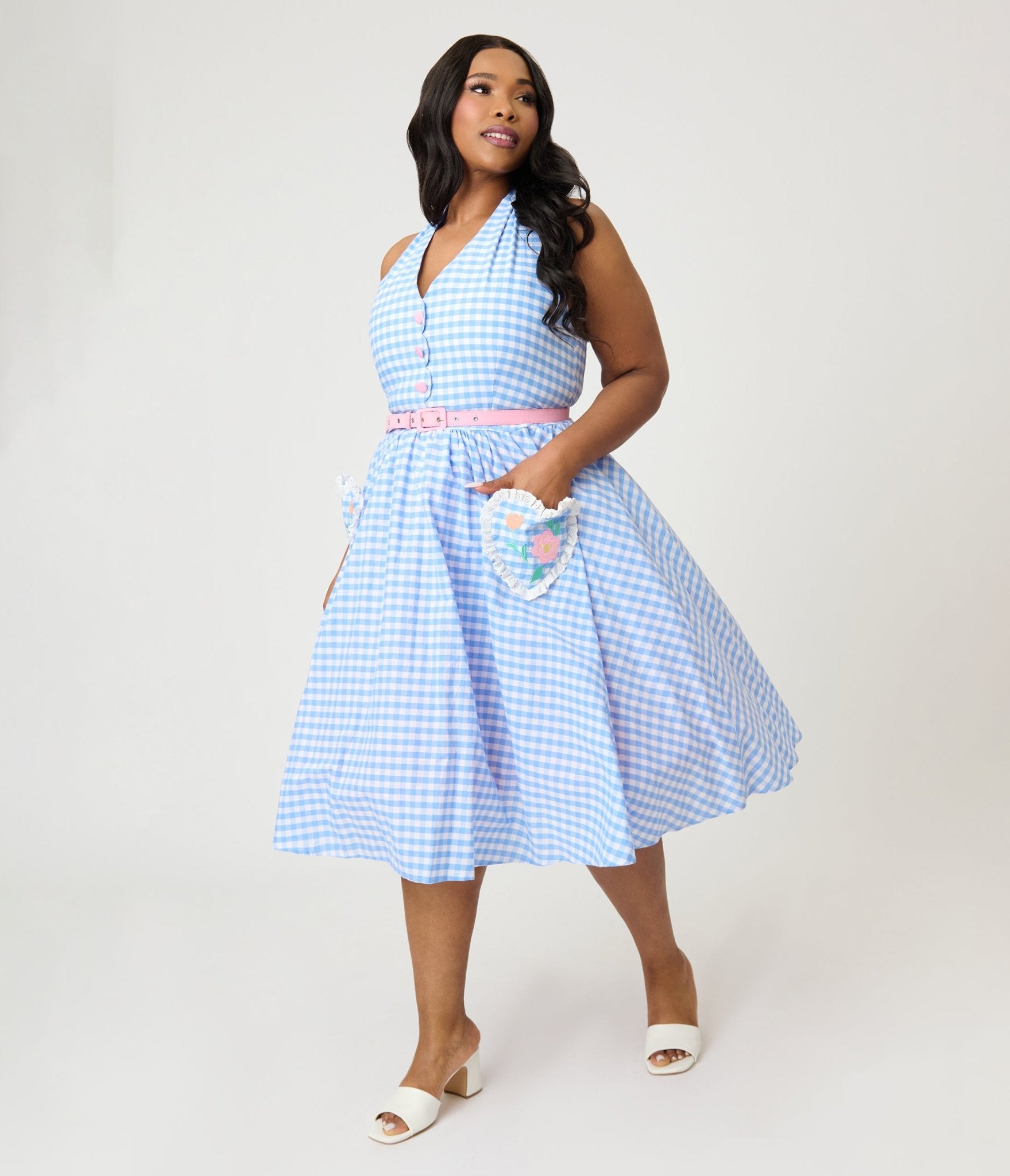 Disney Mickey & Friends Collection by Unique Vintage Plus Size Blue Gingham Cotton Halter Swing Dress - Unique Vintage - Womens, DRESSES, SWING