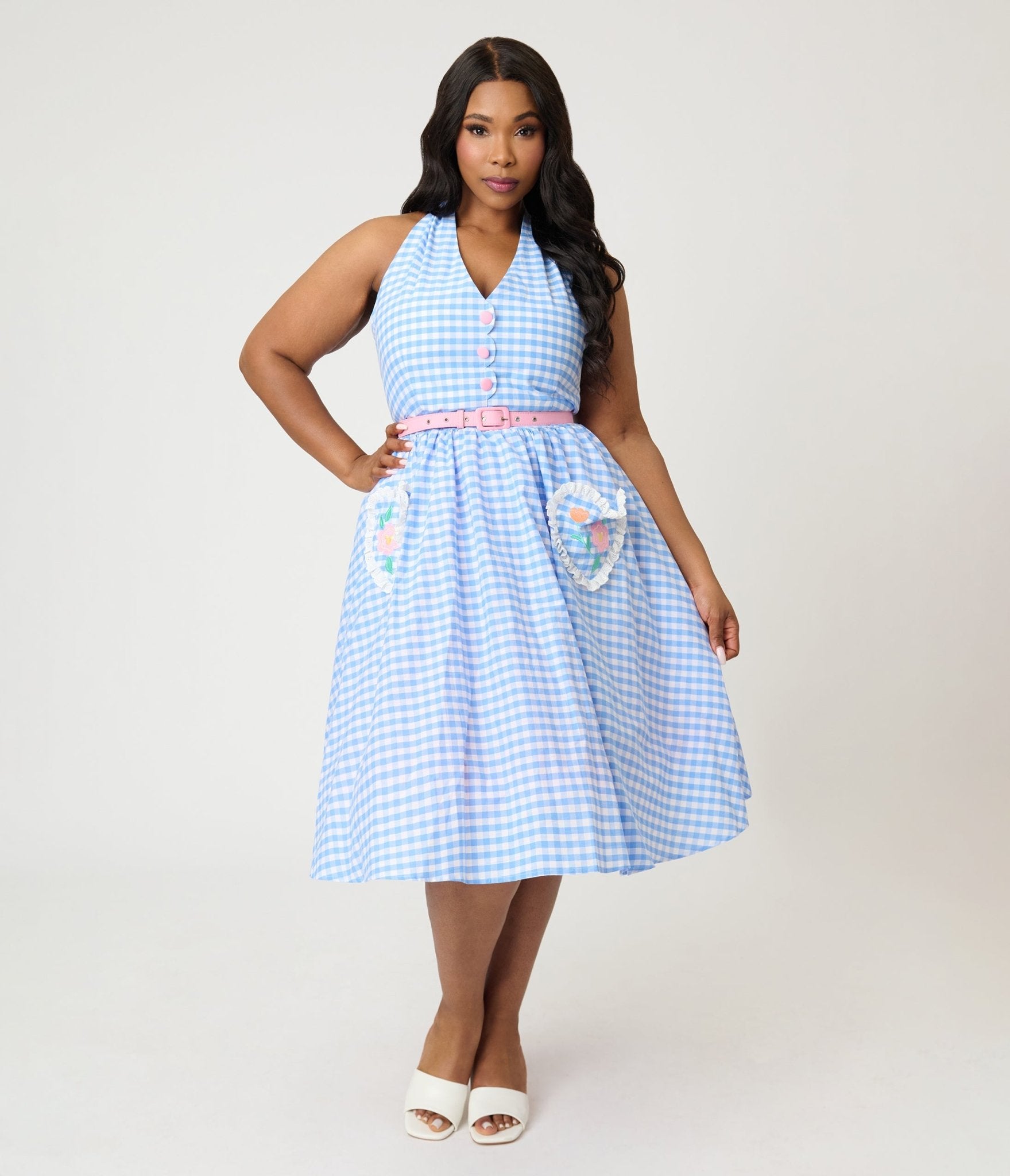 Disney Mickey & Friends Collection by Unique Vintage Plus Size Blue Gingham Cotton Halter Swing Dress - Unique Vintage - Womens, DRESSES, SWING