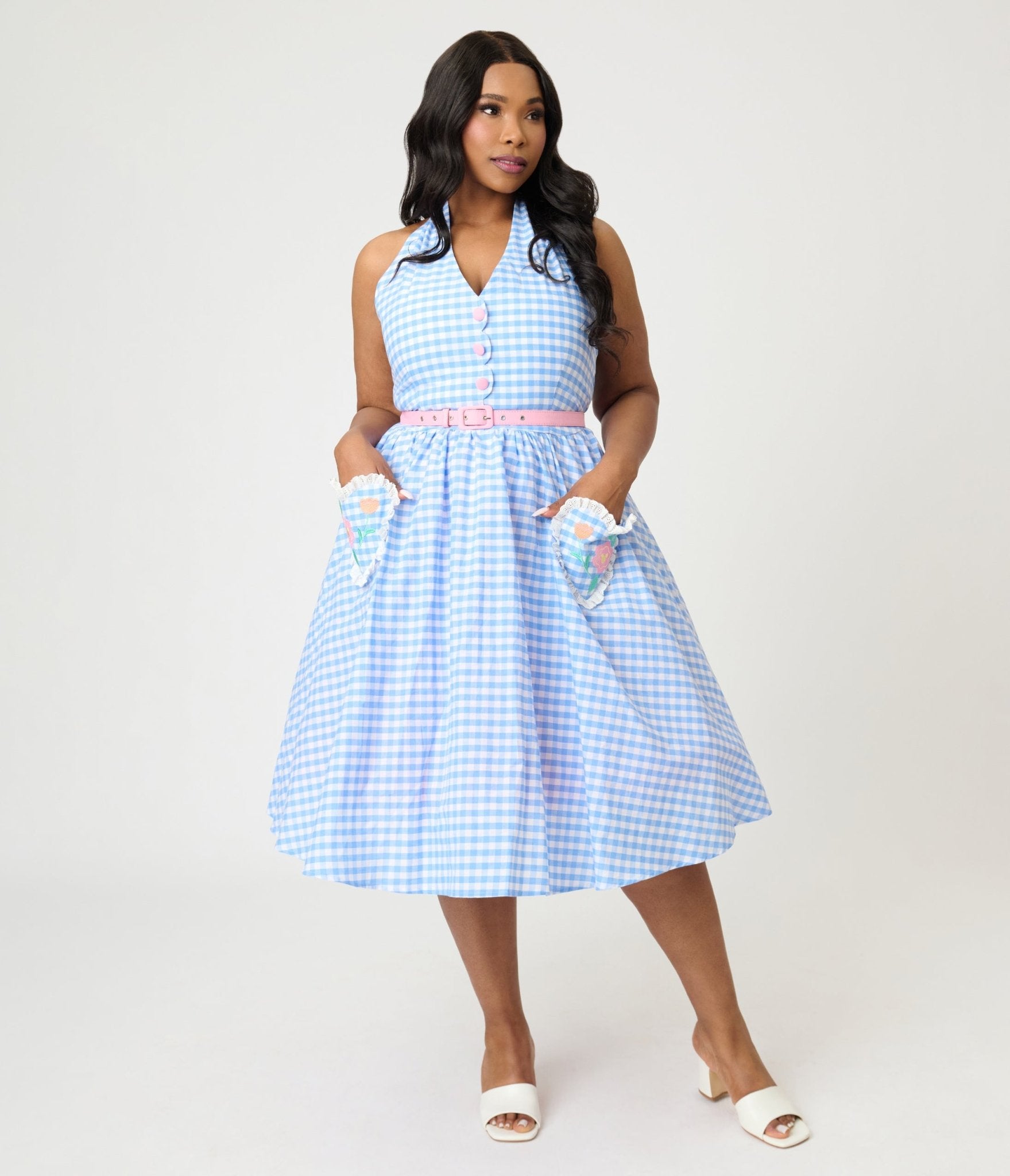 Disney Mickey & Friends Collection by Unique Vintage Plus Size Blue Gingham Cotton Halter Swing Dress - Unique Vintage - Womens, DRESSES, SWING