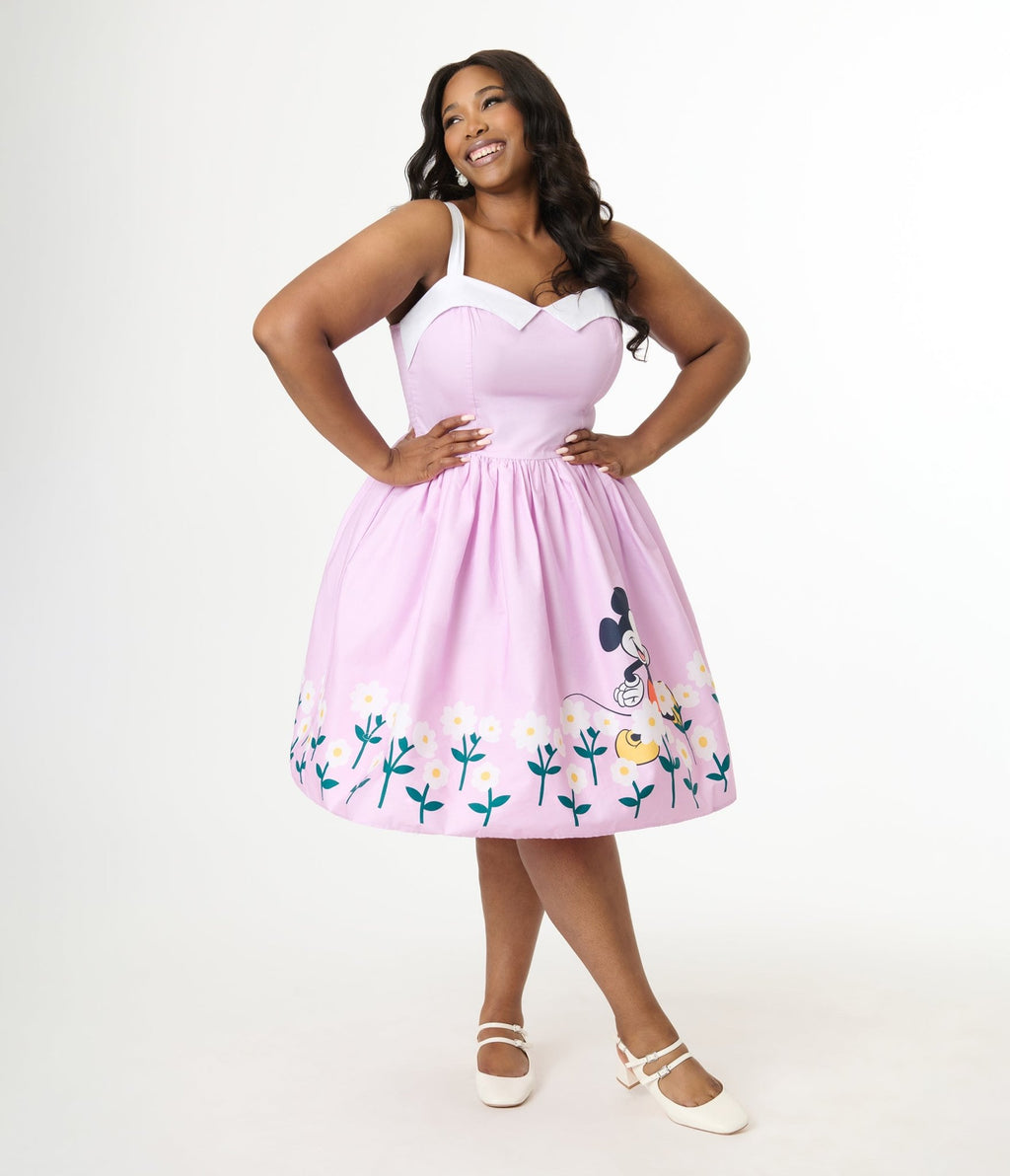 Disney Mickey & Friends Collection by Unique Vintage Plus Lavender & Floral Mickey Border Cotton Swing Dress - Unique Vintage