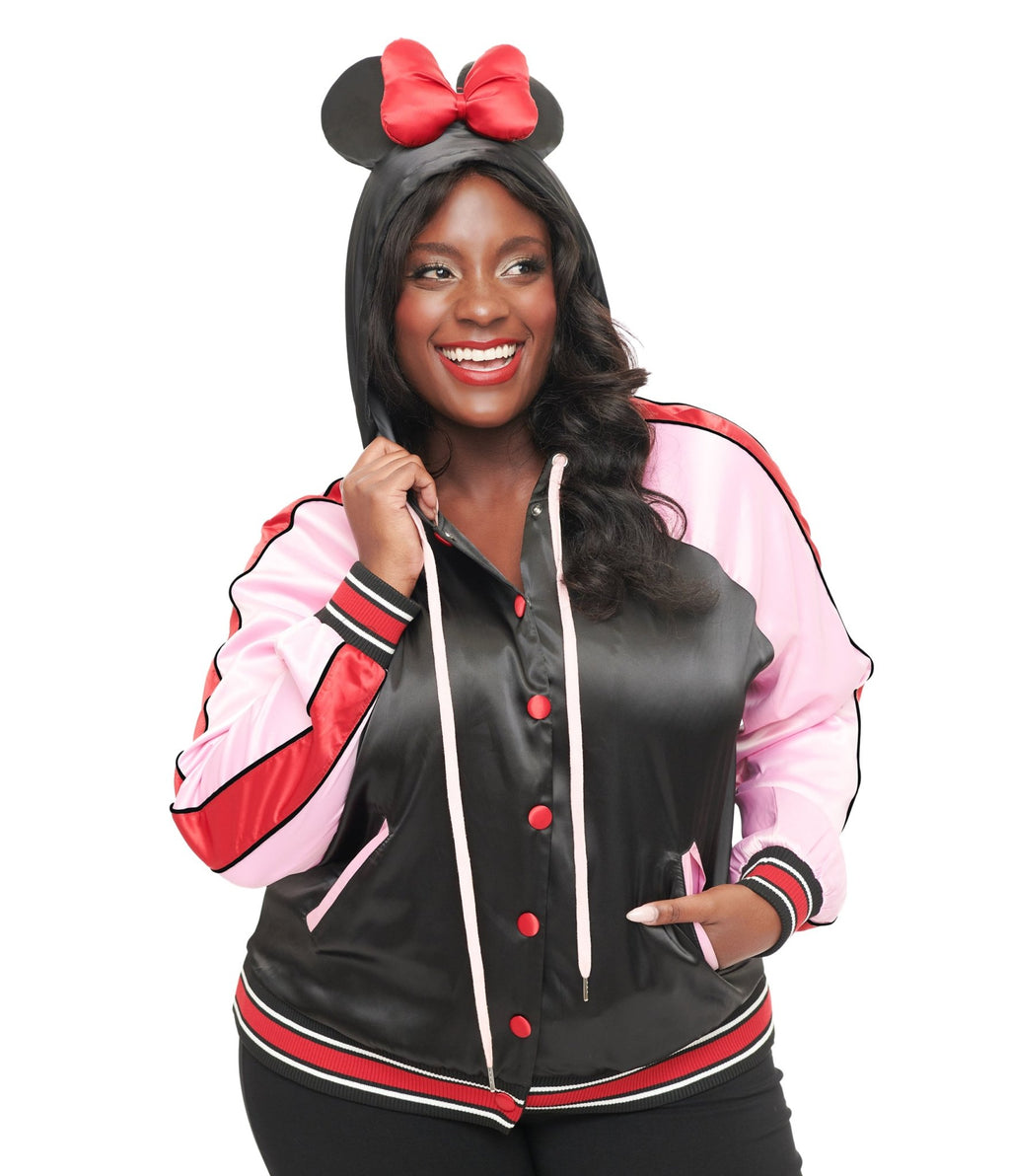 Disney Mickey & Friends Collection by Unique Vintage Plus Size Minnie Hooded Satin Bomber Jacket - Unique Vintage - OUTERWEAR