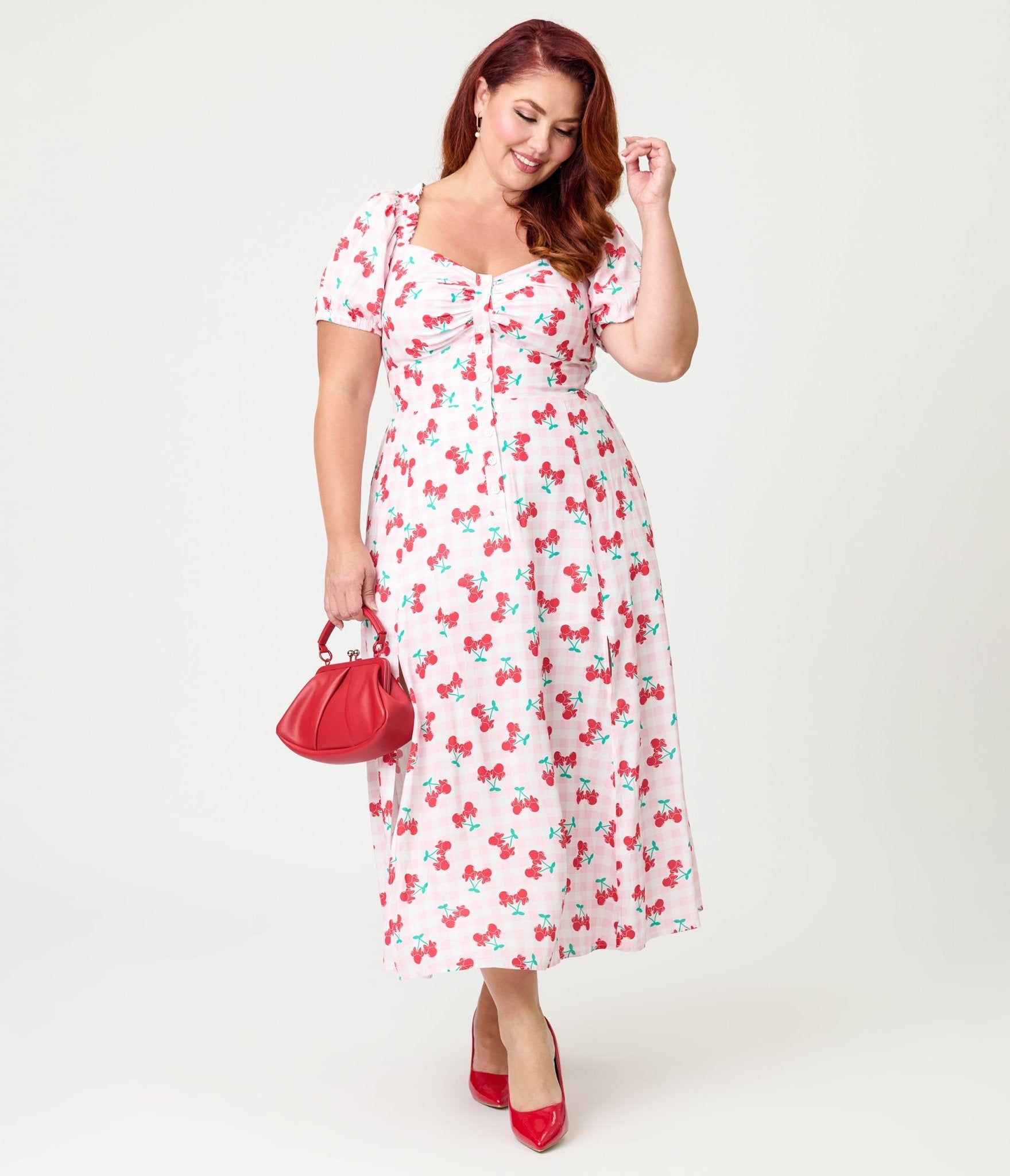 Disney Mickey & Friends Collection by Unique Vintage Plus Size Pink & Minnie Cherries Midi Dress