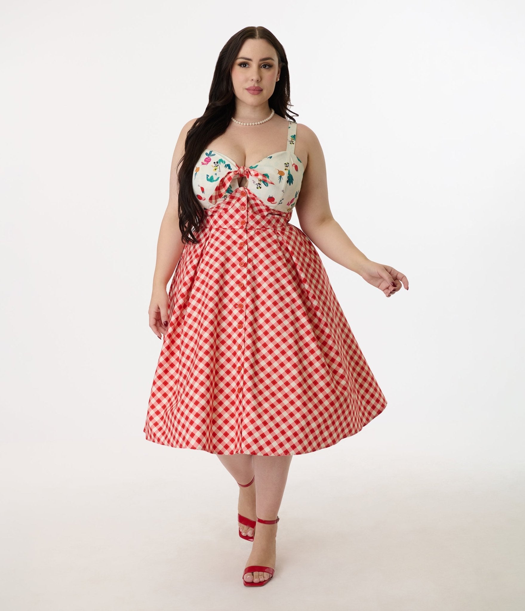 Disney Mickey & Friends Collection by Unique Vintage Plus Red Gingham Mickey Farm Print Swing Dress - Unique Vintage - Womens