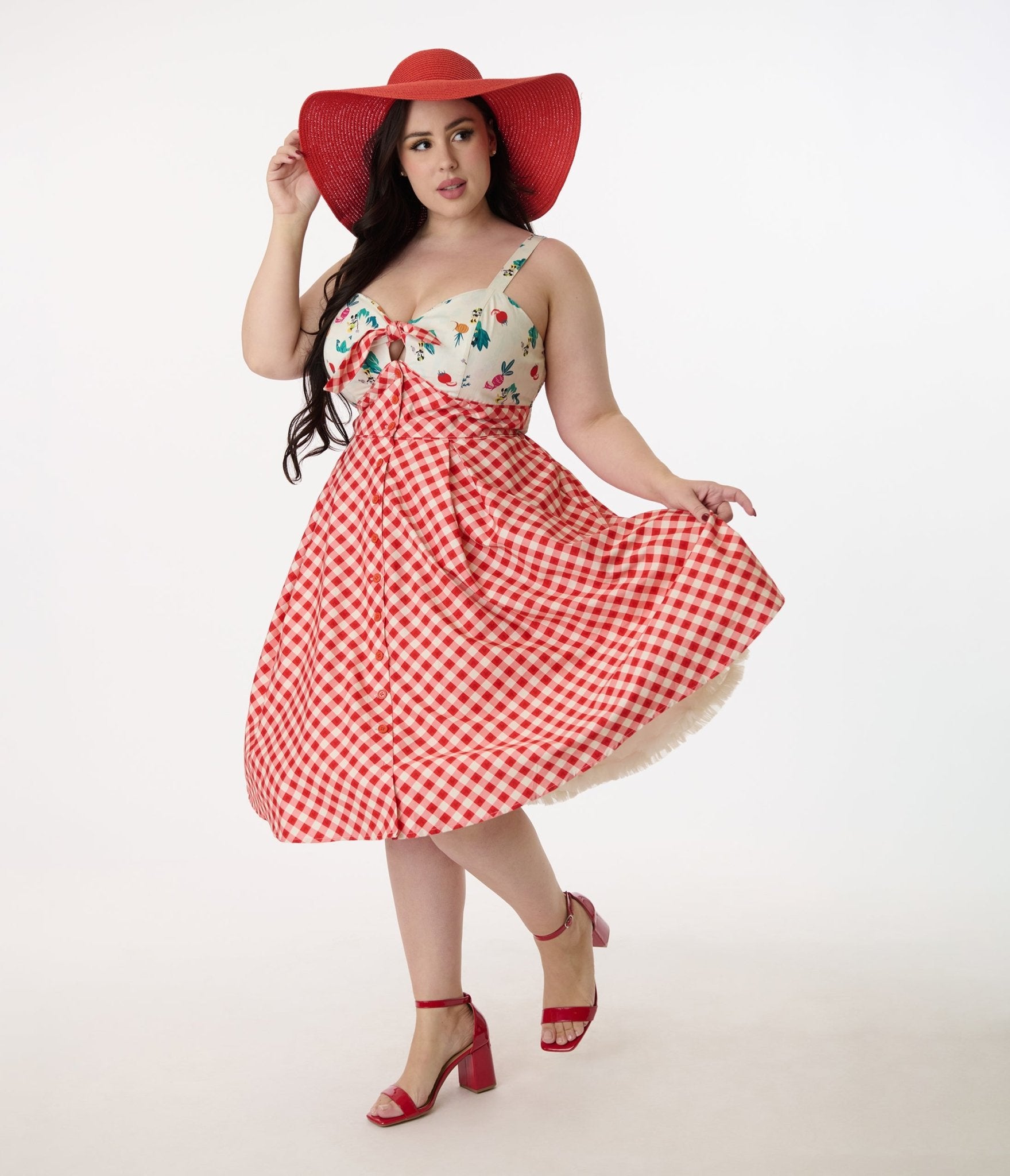 Disney Mickey & Friends Collection by Unique Vintage Plus Red Gingham Mickey Farm Print Swing Dress - Unique Vintage - Womens