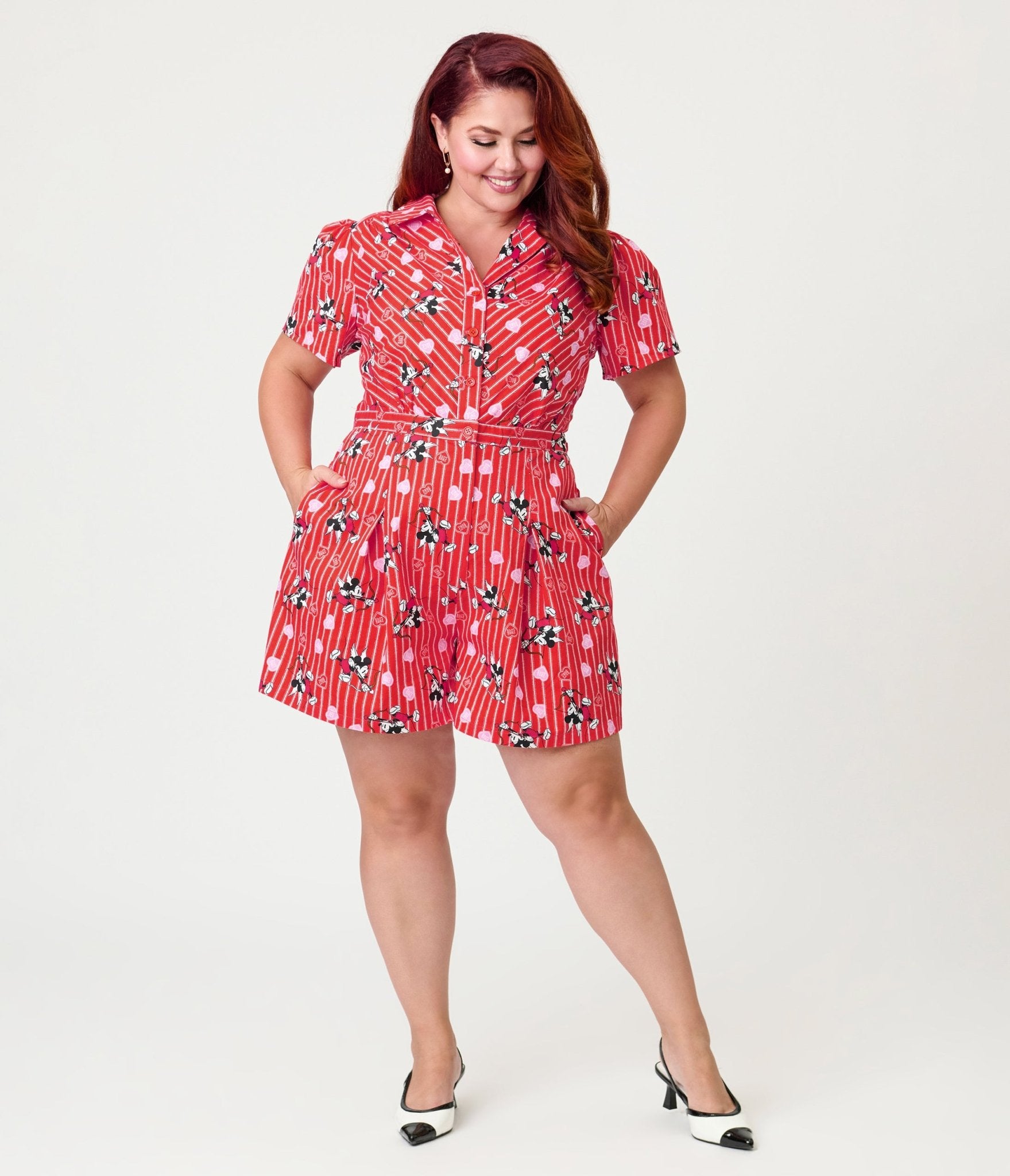 Disney Mickey & Friends Collection by Unique Vintage Plus Size Red Striped Cupid Mickey Cotton Romper - Unique Vintage - Womens, BOTTOMS, ROMPERS AND JUMPSUITS