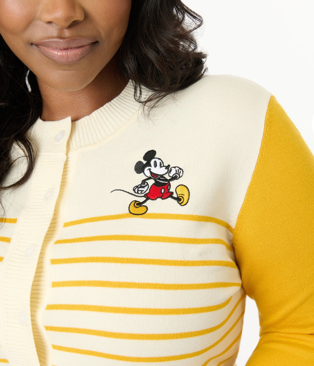 Disney Mickey & Friends Collection by Unique Vintage Plus Yellow Stripe Mickey Embroidery Cardigan - Unique Vintage - Womens