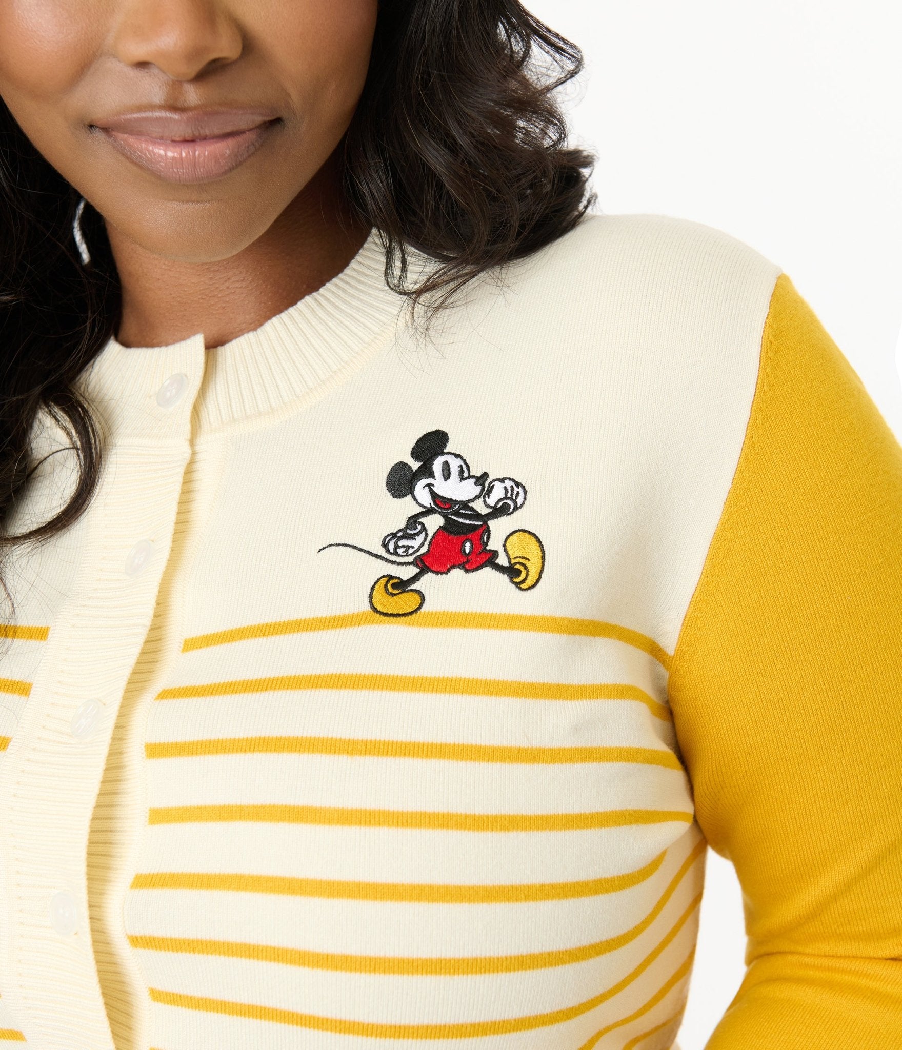 Disney Mickey & Friends Collection by Unique Vintage Plus Yellow Stripe Mickey Embroidery Cardigan - Unique Vintage - Womens