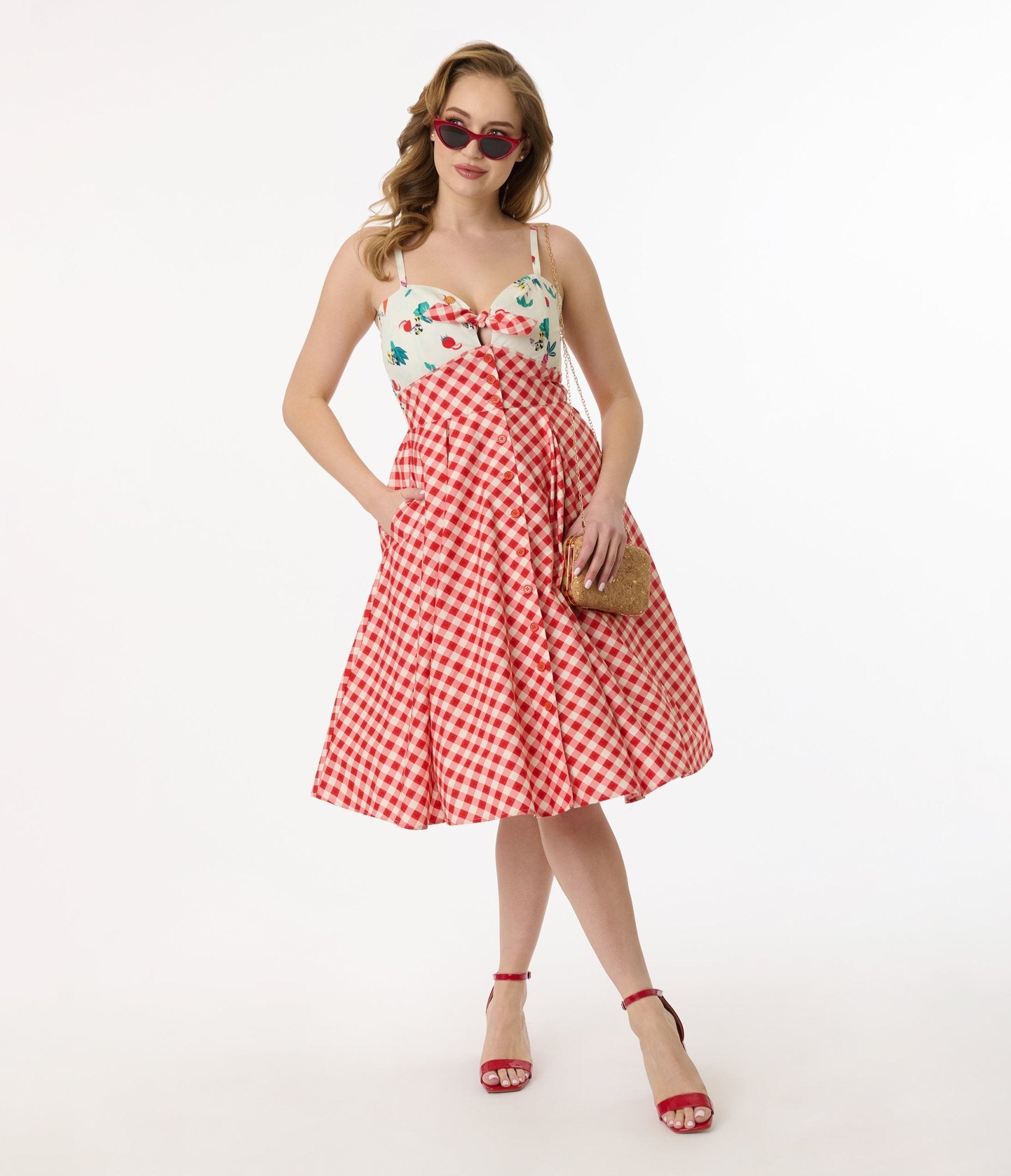 Disney Mickey & Friends Collection by Unique Vintage Red Gingham Mickey Farm Print Swing Dress - Unique Vintage Womens, SWING