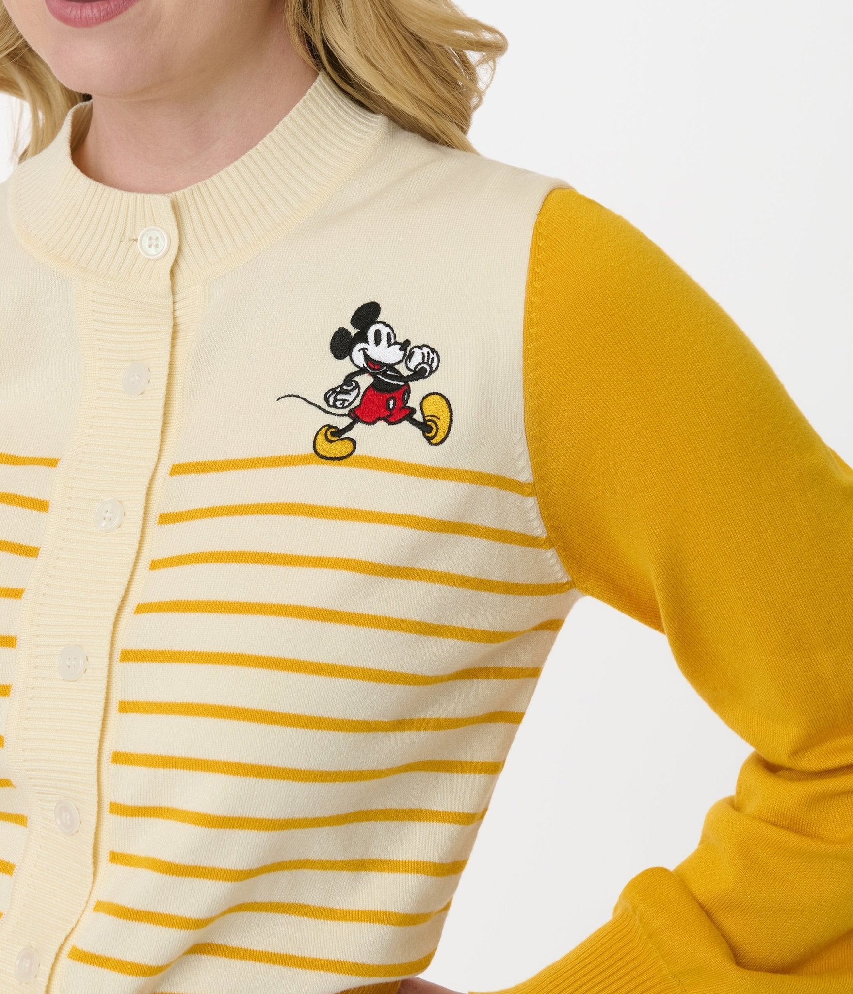 Disney Mickey & Friends Collection by Unique Vintage Yellow Stripe Mickey Embroidery Cardigan -Unique Vintage Womens, SWEATER