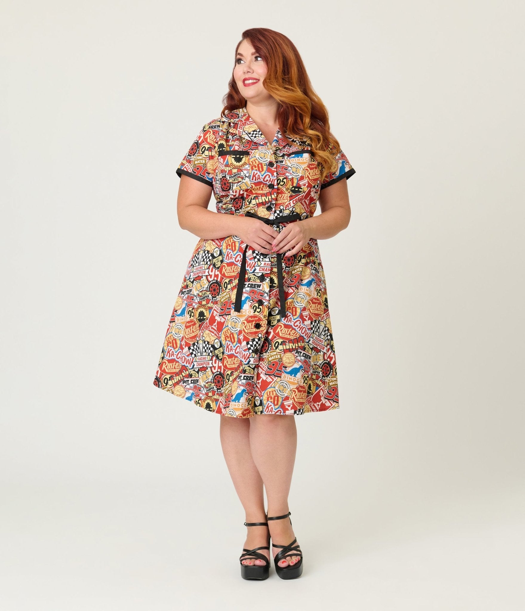 Disney Pixar Cars Collection by Smak Parlour Plus Size Cars Patches Cotton Fit & Flare Dress - Unique Vintage - Womens, DRESSES, FIT AND FLARE
