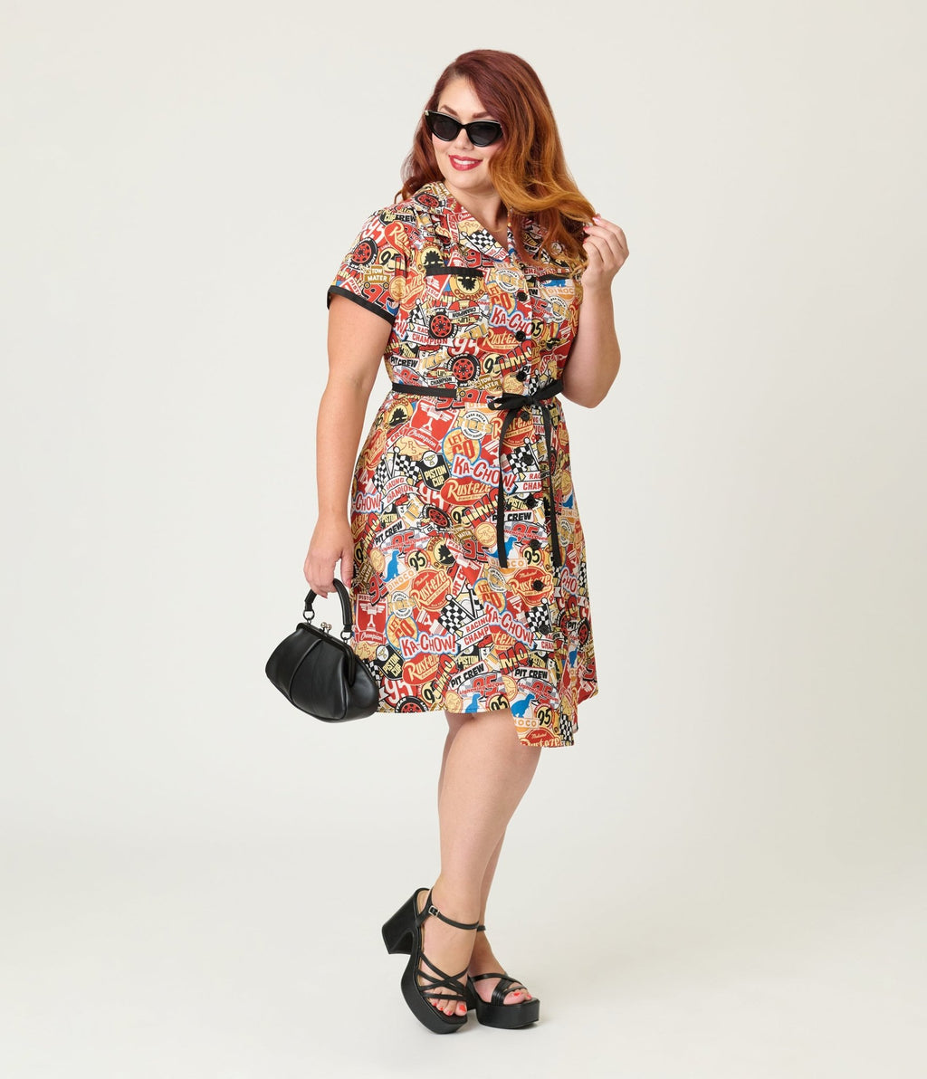 Disney Pixar Cars Collection by Smak Parlour Plus Size Cars Patches Cotton Fit & Flare Dress - Unique Vintage - Womens, DRESSES, FIT AND FLARE