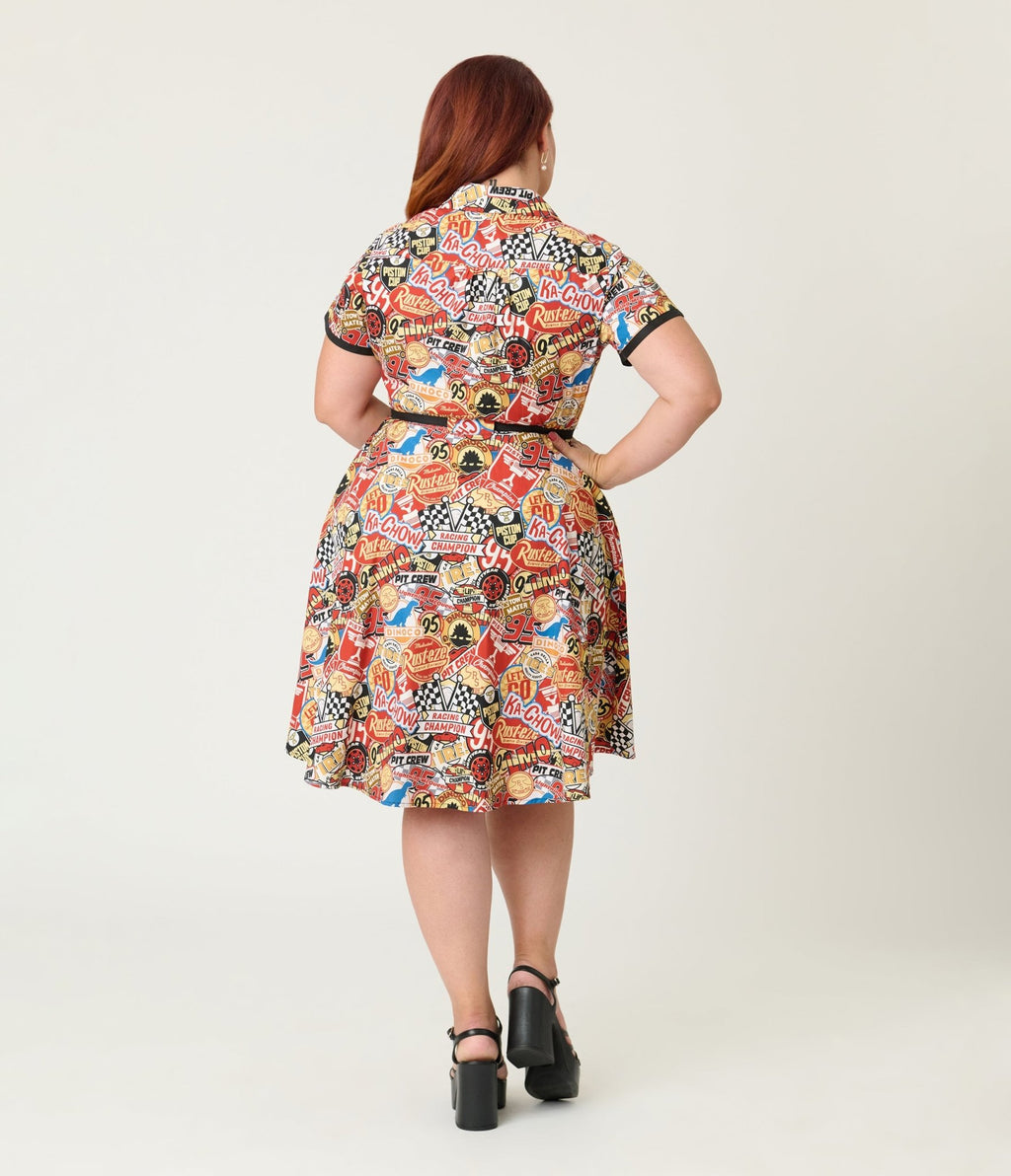 Disney Pixar Cars Collection by Smak Parlour Plus Size Cars Patches Cotton Fit & Flare Dress - Unique Vintage - Womens, DRESSES, FIT AND FLARE