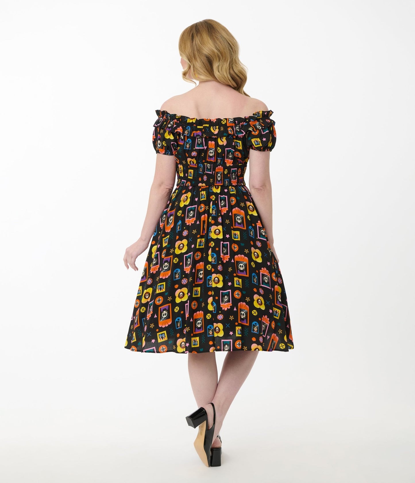 Disney Pixar Coco Collection by Unique Vintage Black Day of the Dead Print Ruffle Swing Dress - Unique Vintage - Womens, DRESSES, SWING
