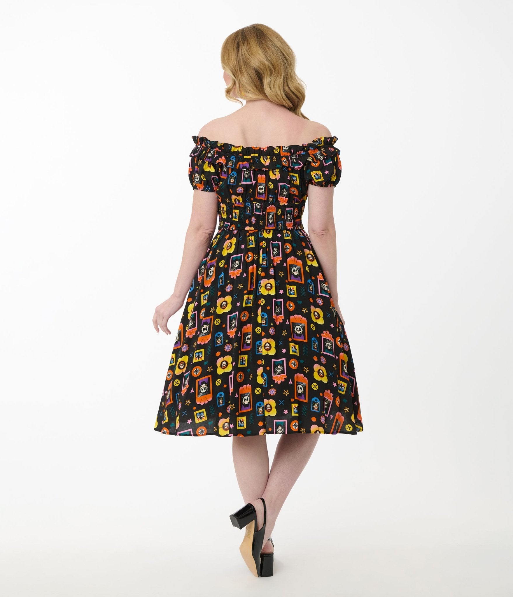 Disney Pixar Coco Collection by Unique Vintage Black Day of the Dead Print Ruffle Swing Dress - Unique Vintage - Womens, DRESSES, SWING
