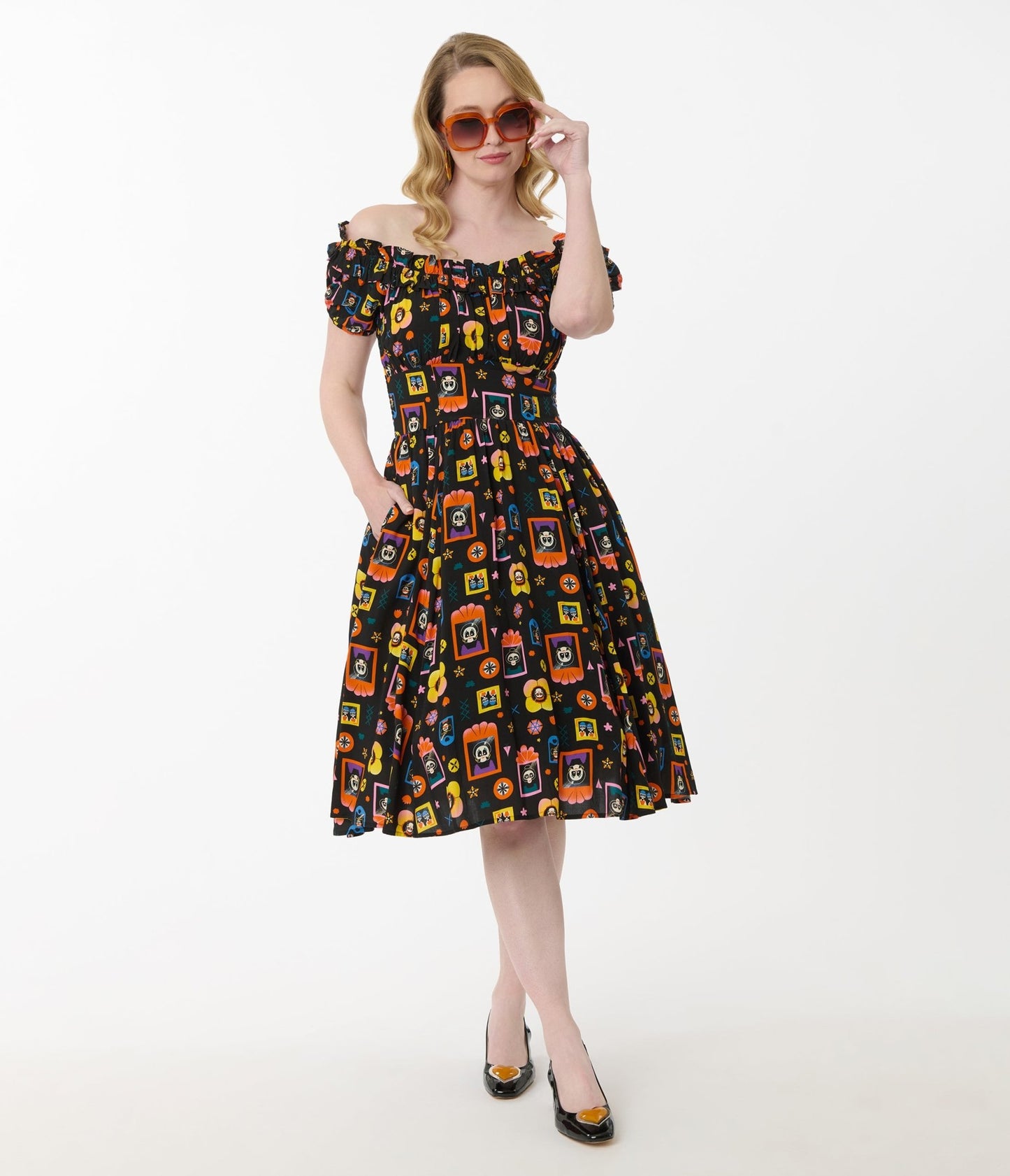 Disney Pixar Coco Collection by Unique Vintage Black Day of the Dead Print Ruffle Swing Dress - Unique Vintage - Womens, DRESSES, SWING