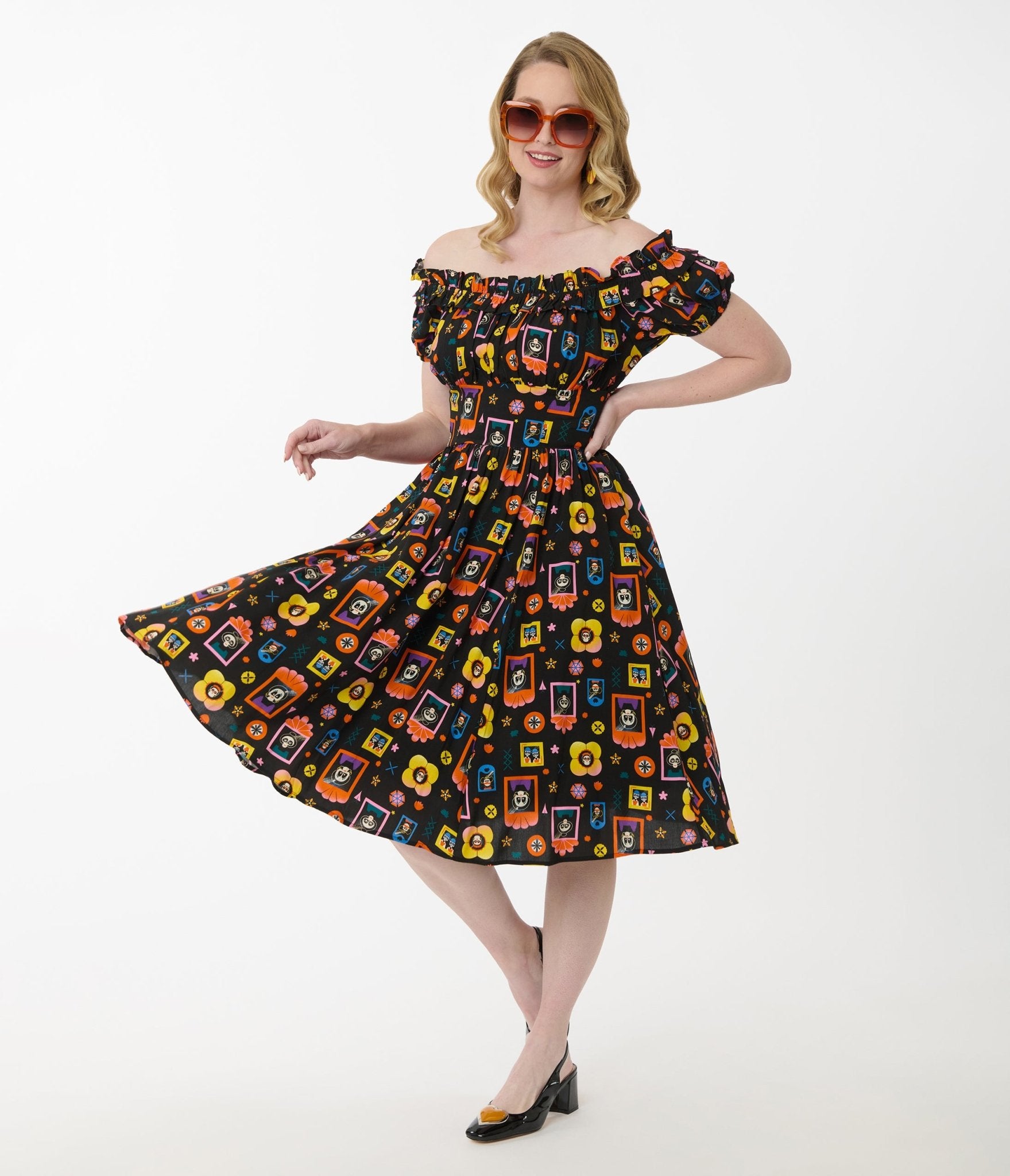 Disney Pixar Coco Collection by Unique Vintage Black Day of the Dead Print Ruffle Swing Dress - Unique Vintage - Womens, DRESSES, SWING